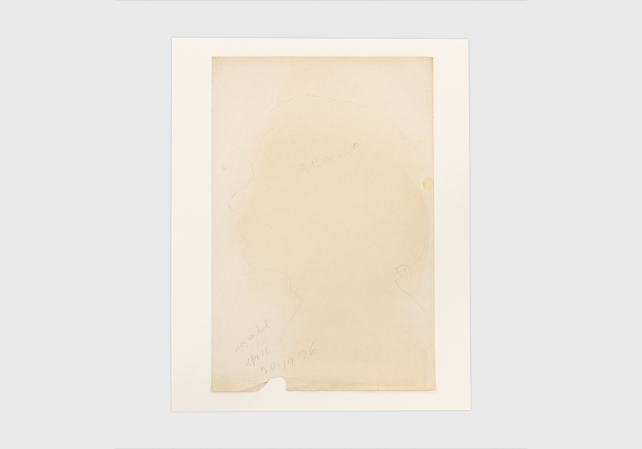 A pencil drawing on paper by Ray Johnson, titled Untitled (Andy Warhol), dated 1976.