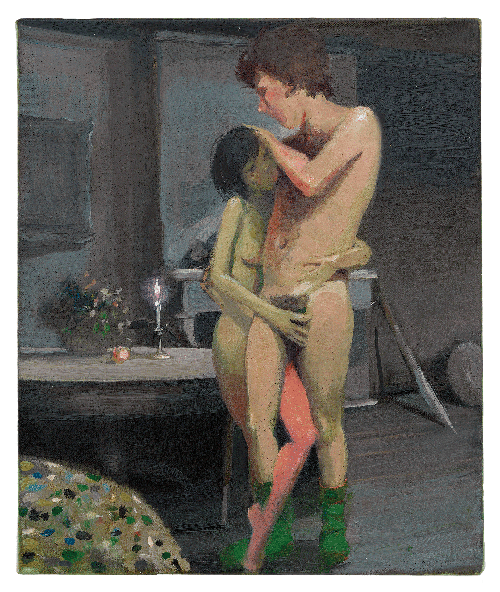 A painting by Lisa Yuskavage, titled Ludlow Street Couple, dated 2017.