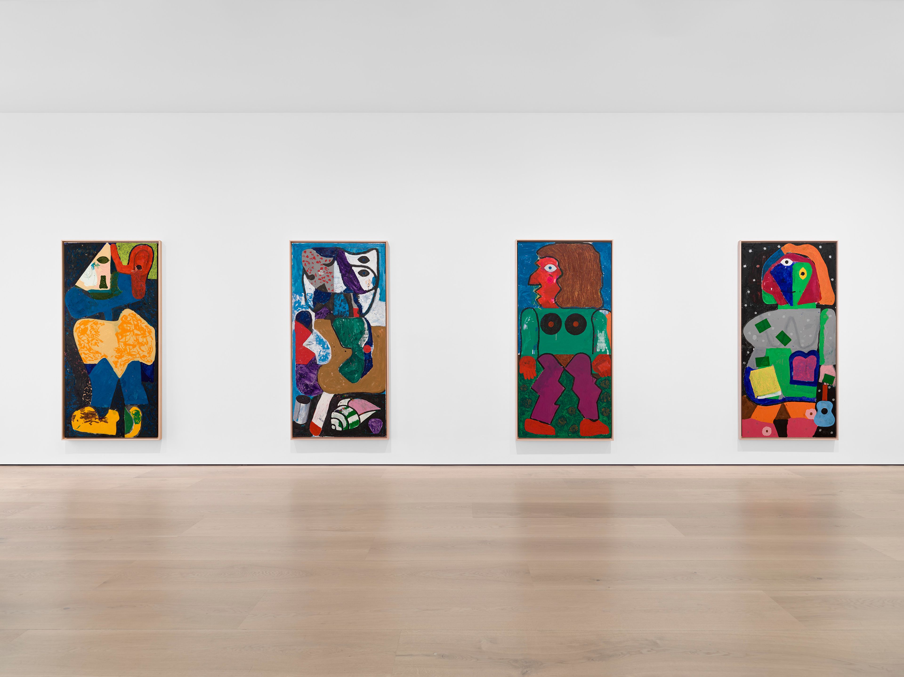 An installation view of the exhibition, Joe Bradley: Animal Family, at David Zwirner in London, dated 2025.