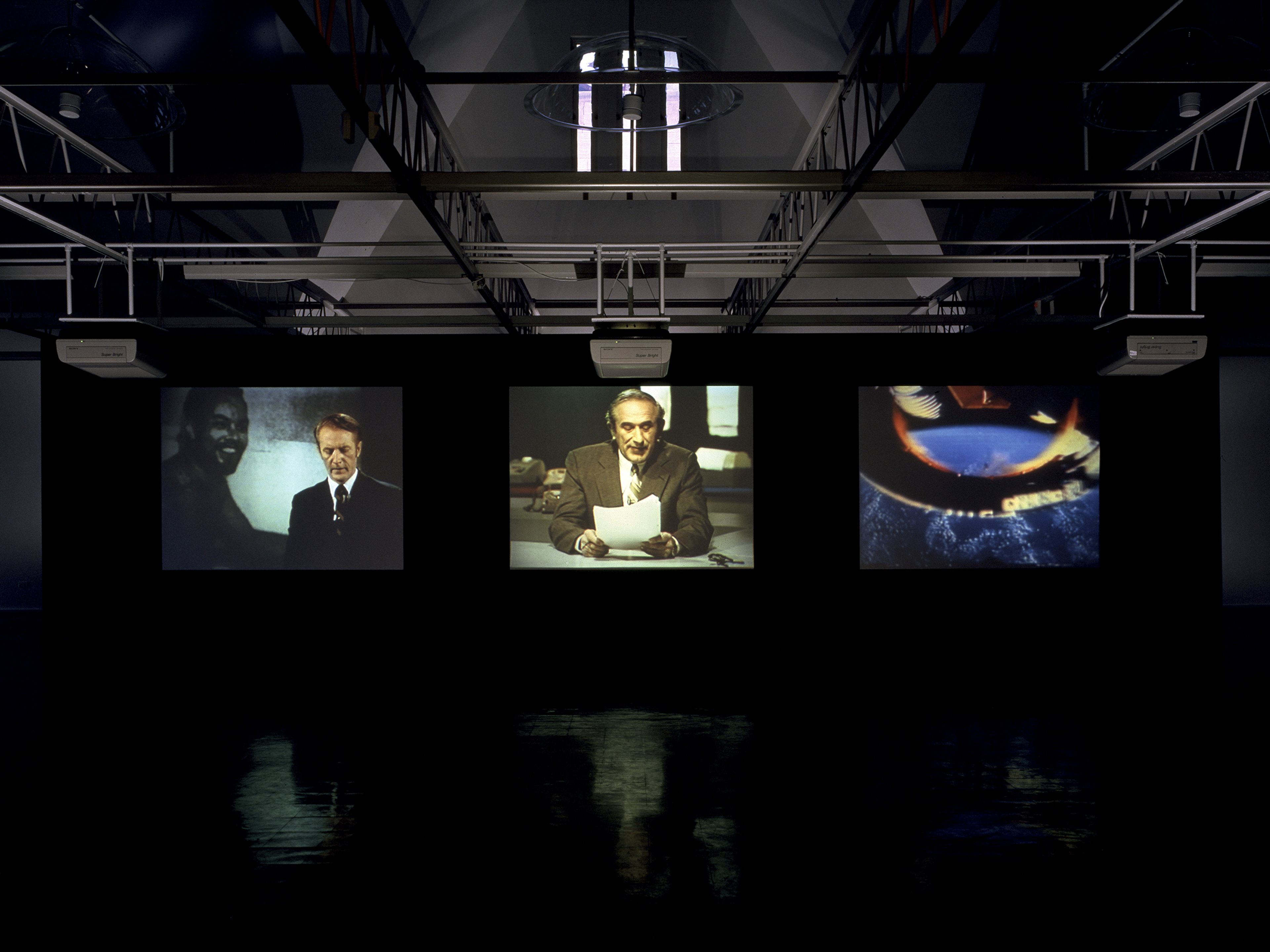 A video installation by Stan Douglas, titled Evening, dated 1994.