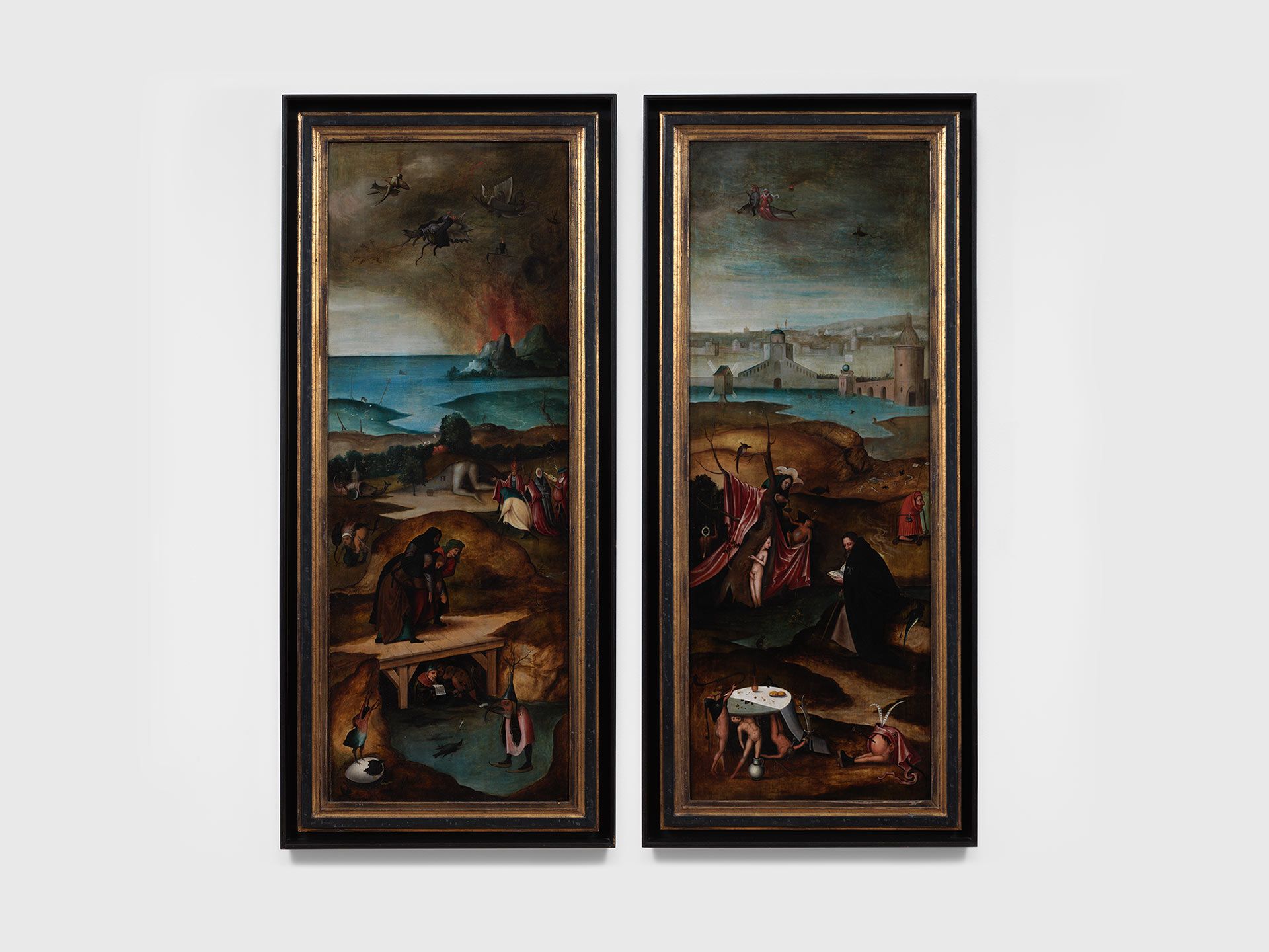 A painting by the school of Hieronymus Bosch, titled Temptation of Saint Anthony, not dated.