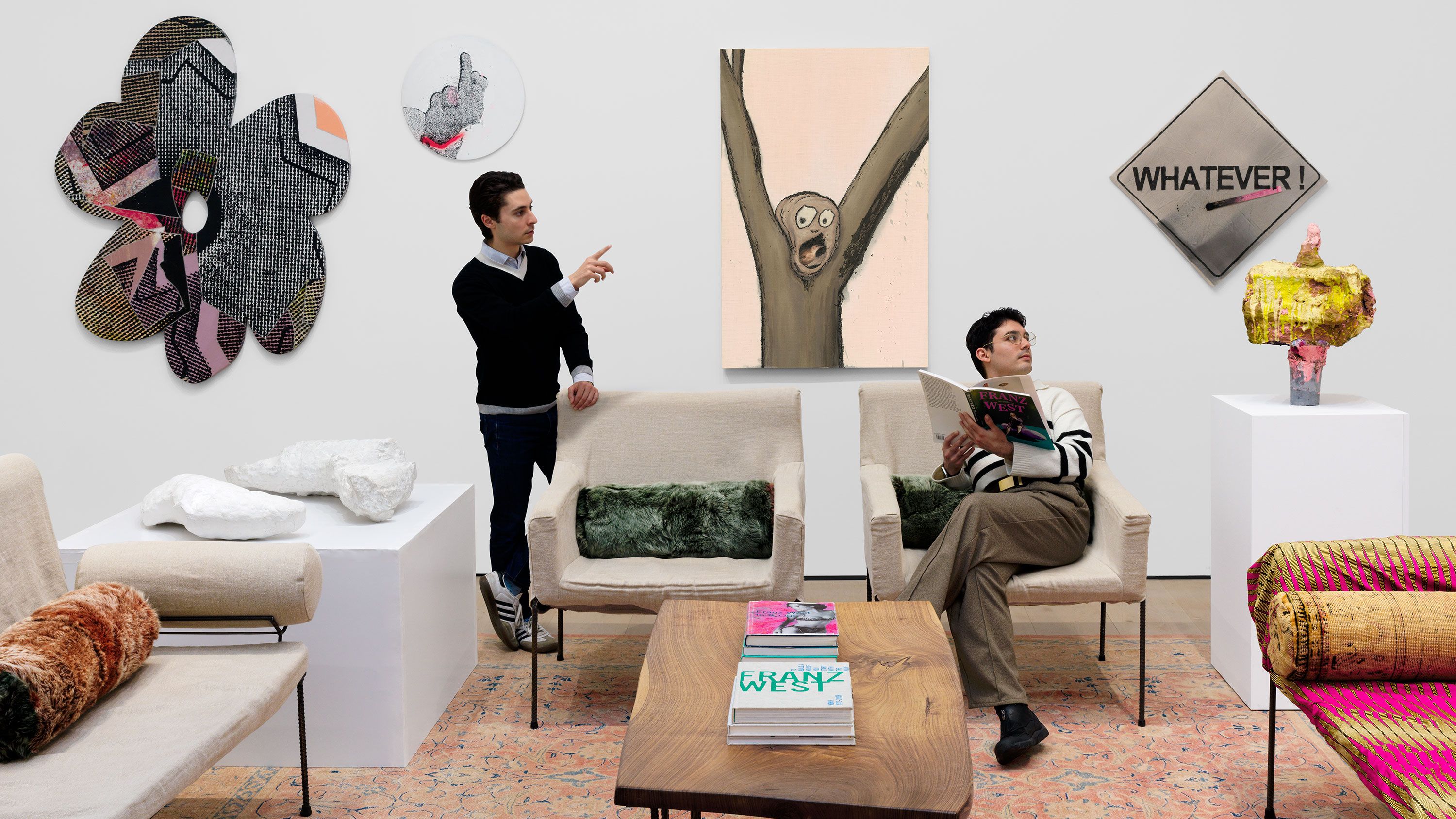 Install image of works by Nate Lowman and Franz West for Frieze New York 2024.