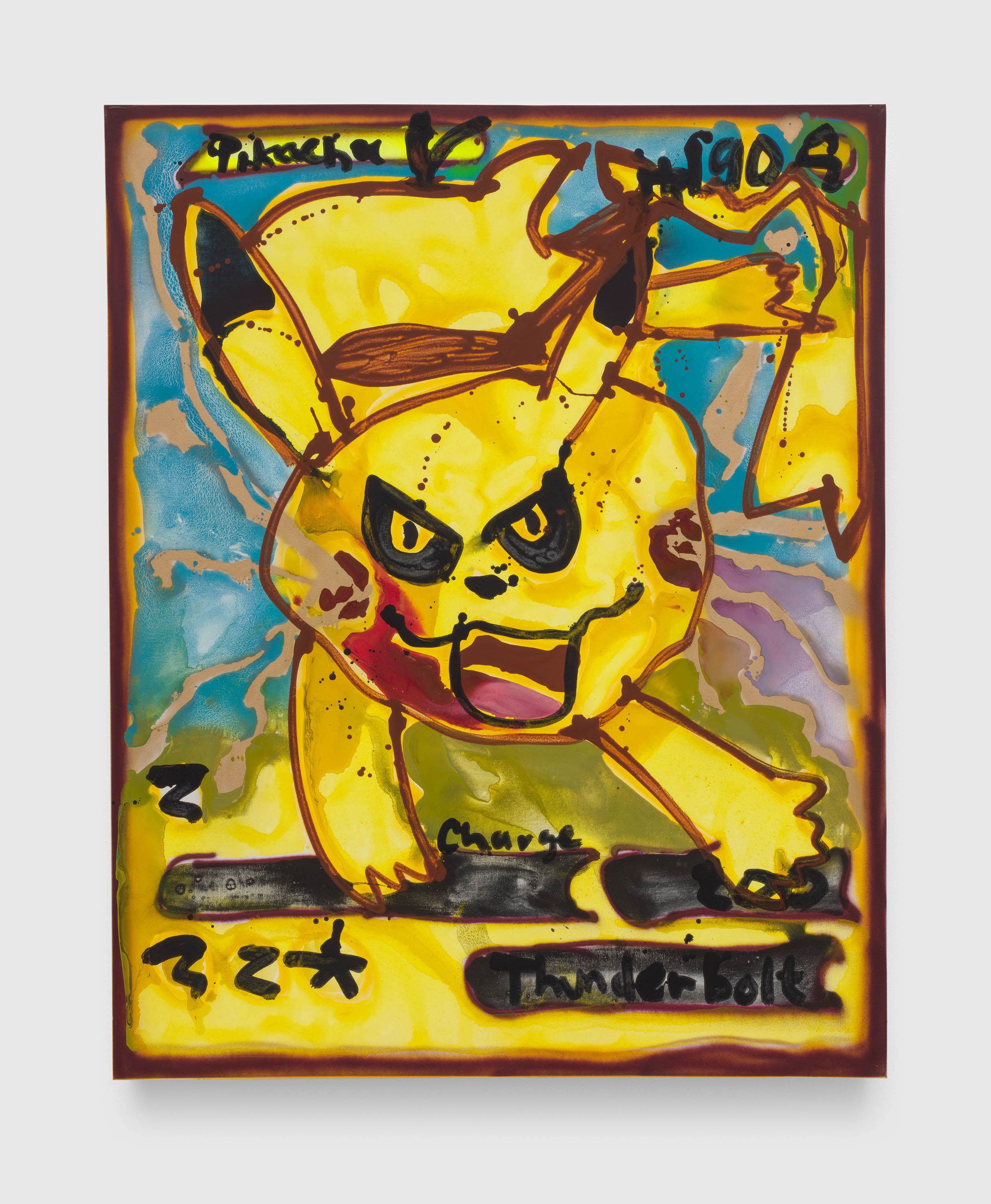 A painting by Katherine Bernhardt, titled Pikachu V190 Charge, dated 2021.