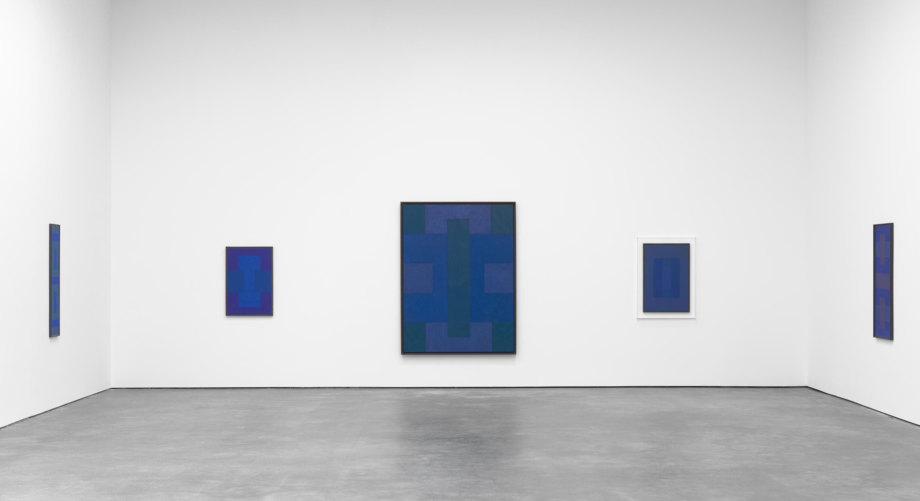Installation view of the exhibition Ad Reinhardt: Blue Paintings, at David Zwirner in New York, dated 2017.