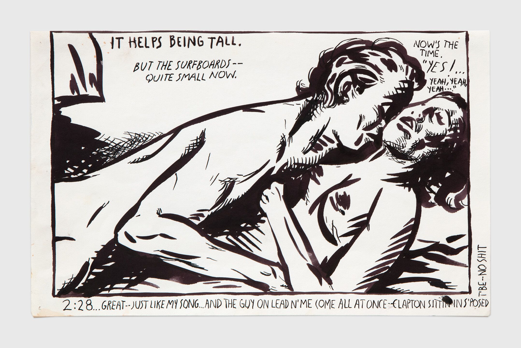 An ink drawing by Raymond Pettibon titled No Title (It helps being...), dated 1987