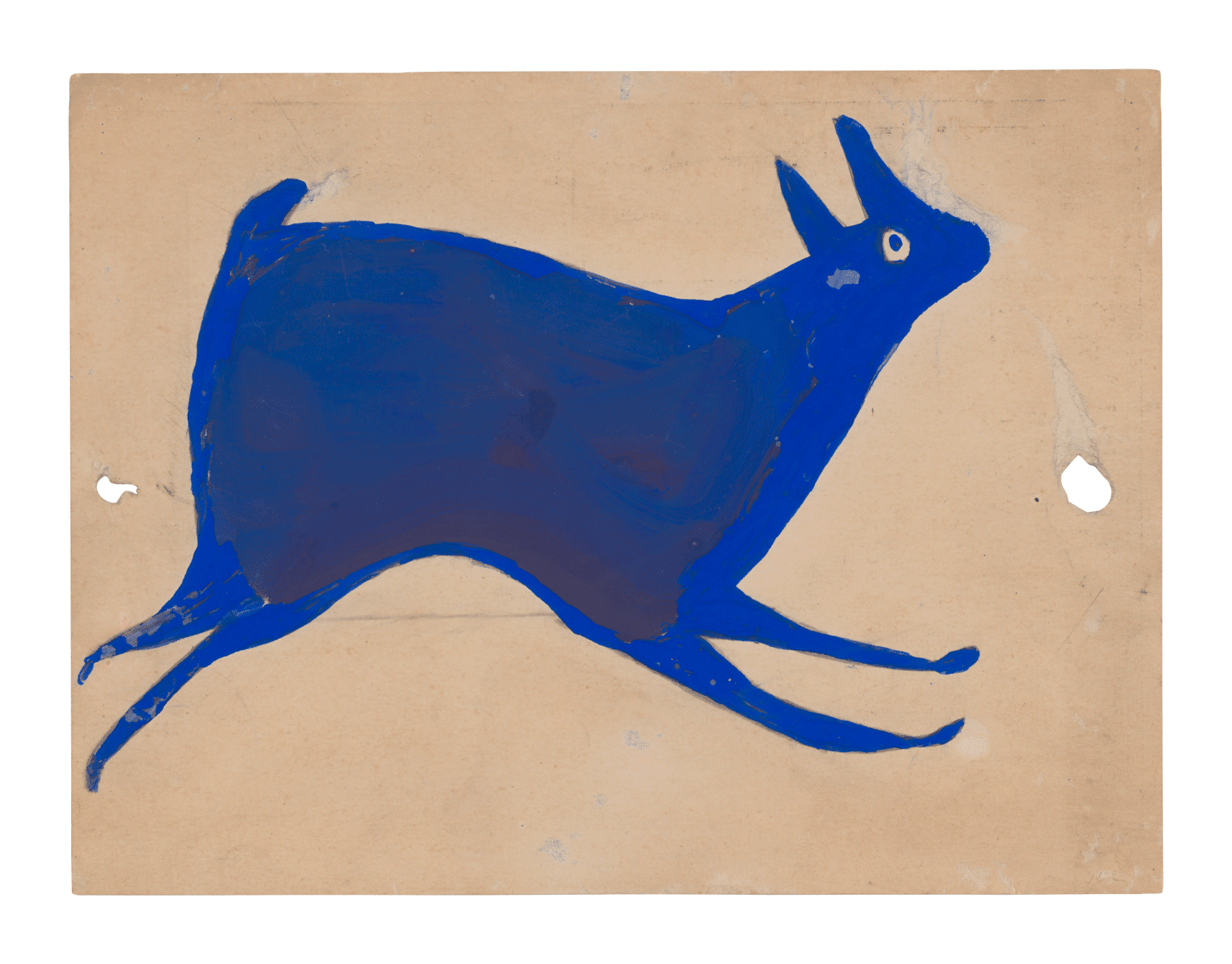 A mixed media work on cardboard by Bill Traylor, titled Blue Rabbit Running, 1939 to 1942.