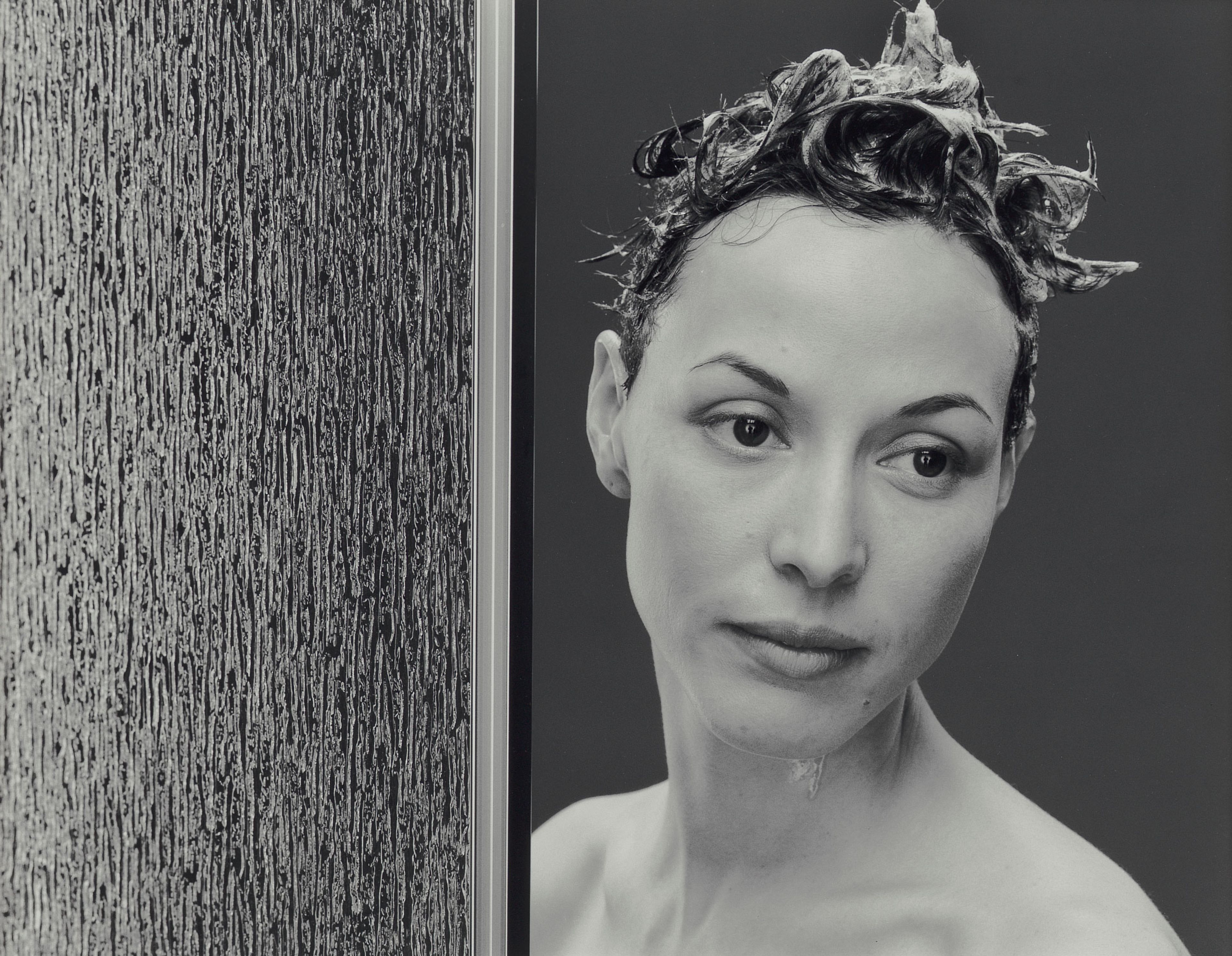 A detail from a photograph by Christopher Williams, titled Model # 105M - R59C Keystone Shower Door 57.4 x 59", Chrome / Raindrop SKU # 109149 # 96235. 970 - 084 - 000 (Meiko) Vancouver, B.C. Wednesday, April 6, 2005, dated 2005.