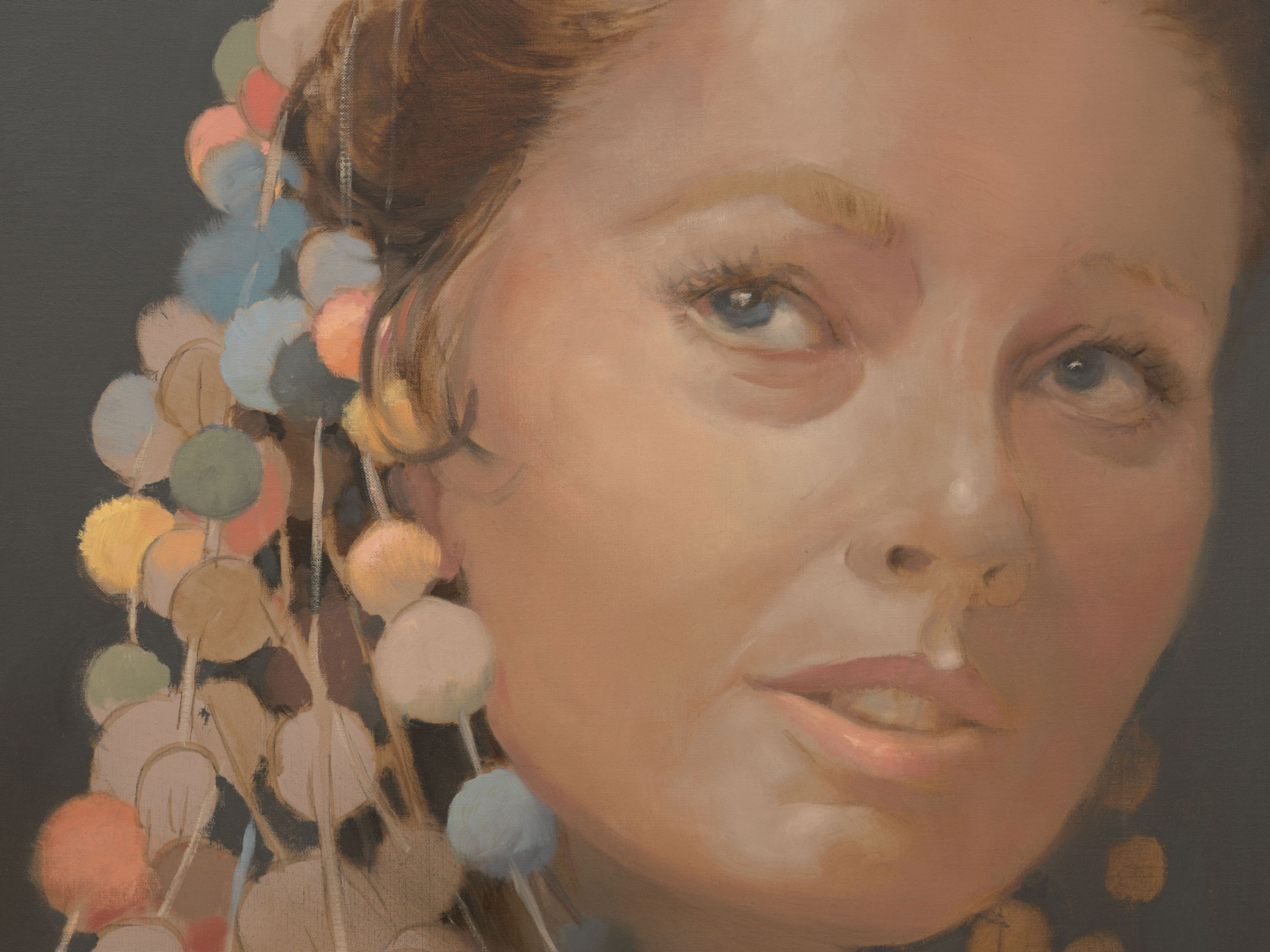 A detail from a painting by Lisa Yuskavage, titled The Psychic, dated 2020