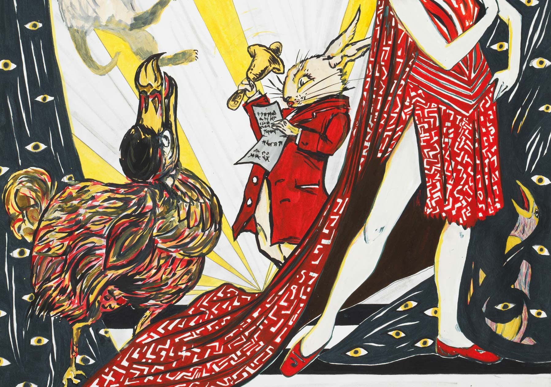 A detail from a work on paper by Marcel Dzama, titled And who breaks a butterfly on a wheel? or A rapture, a butterfly, a dancer and a bowie knife, dated 2018.
