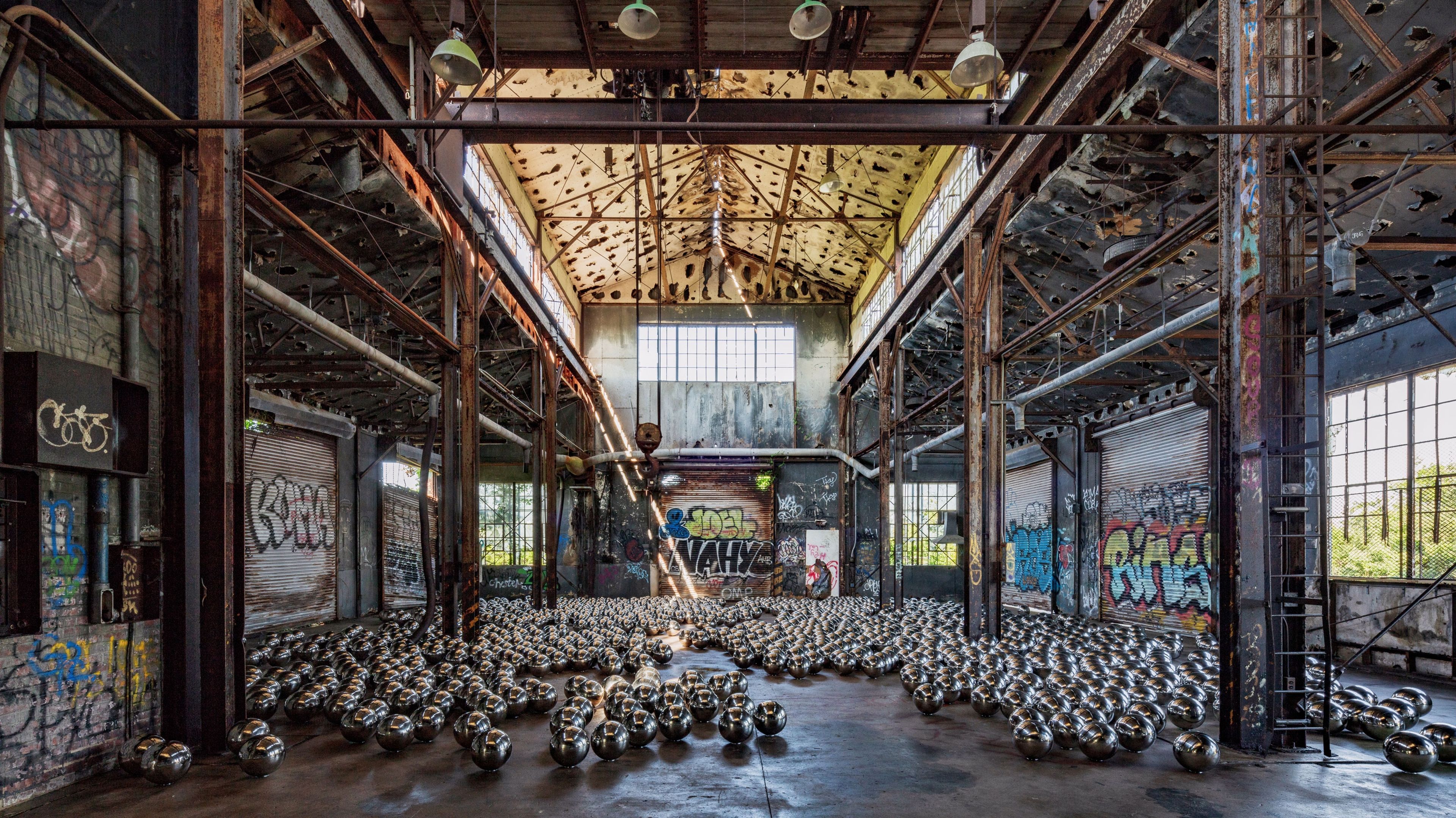 Installation view of the exhibition Rockaway! 2018 featuring a site-specific installation of Narcissus Garden by Yayoi Kusama, dated 2018.