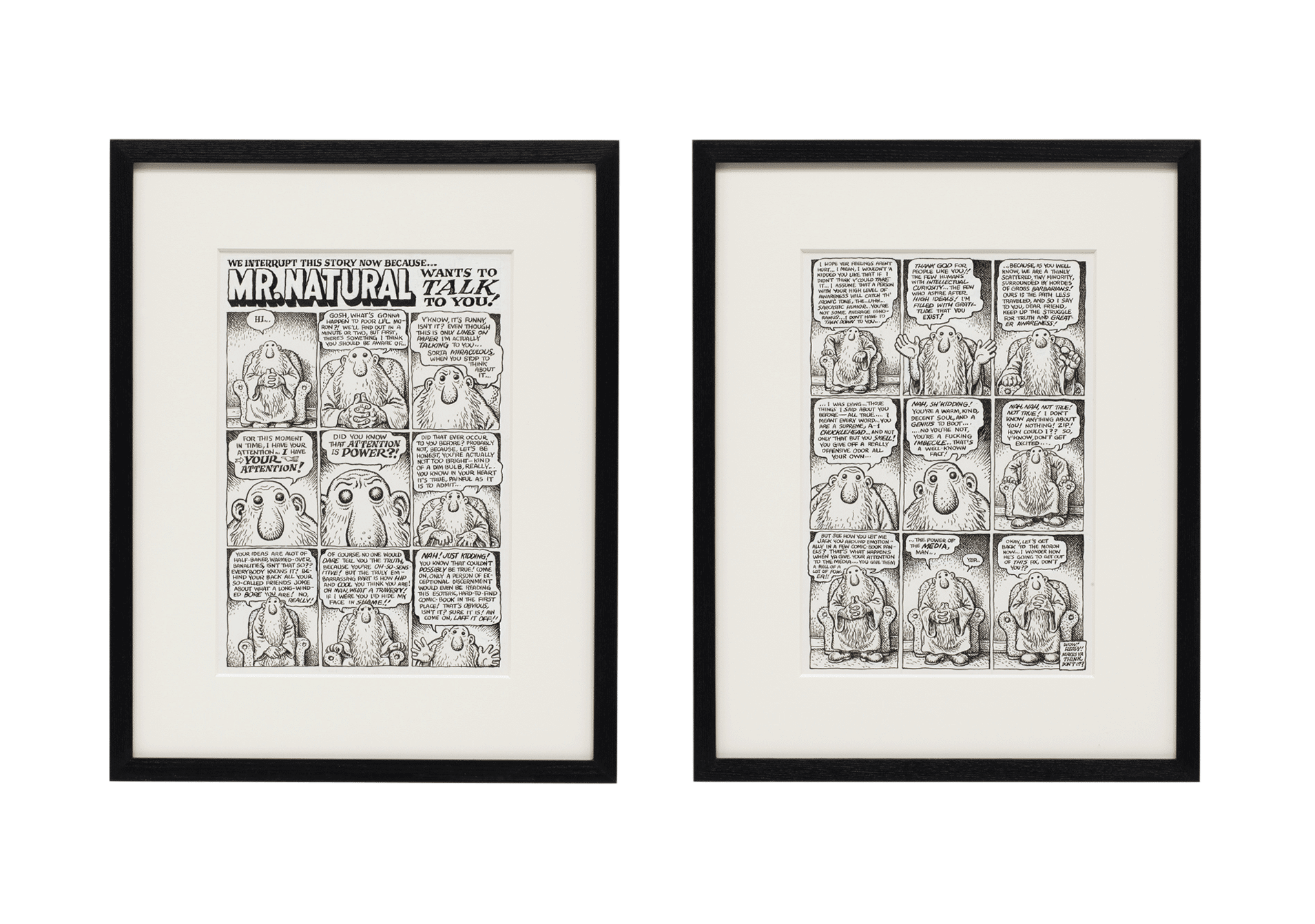 A diptych by R. Crumb, titled Mr. Natural Wants to Talk to You!, dated 1999.