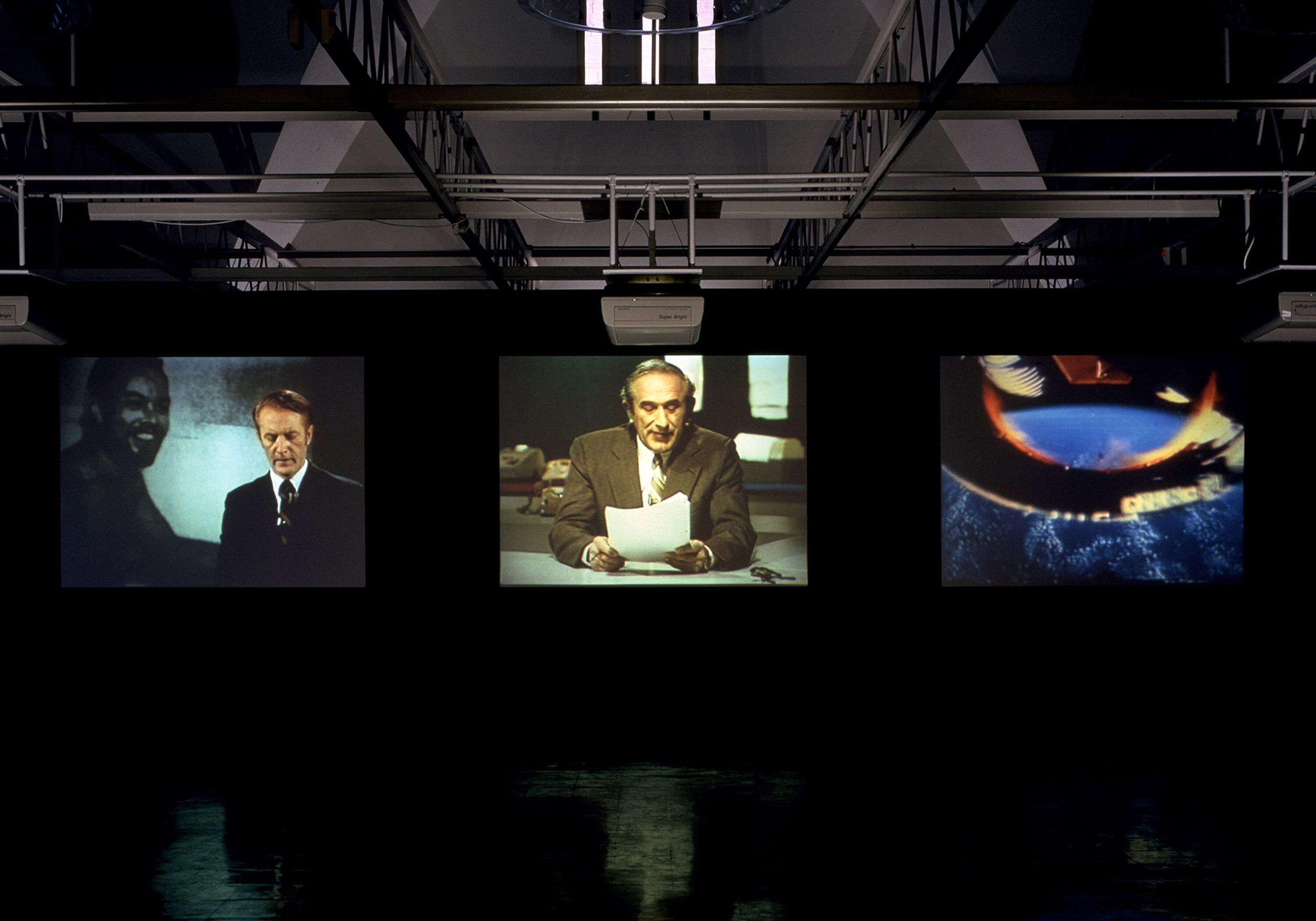 A video installation by Stan Douglas, titled Evening, dated 1994.