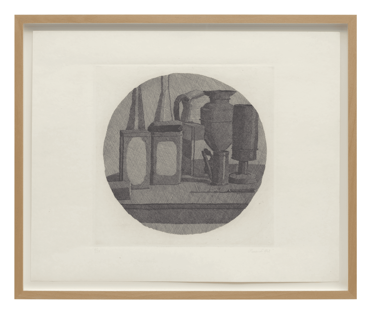 An etching on paper by Giorgio Morandi, titled Grande natura morta con undici oggetti un tondo (Large still life with eleven objects a round), dated 1942.