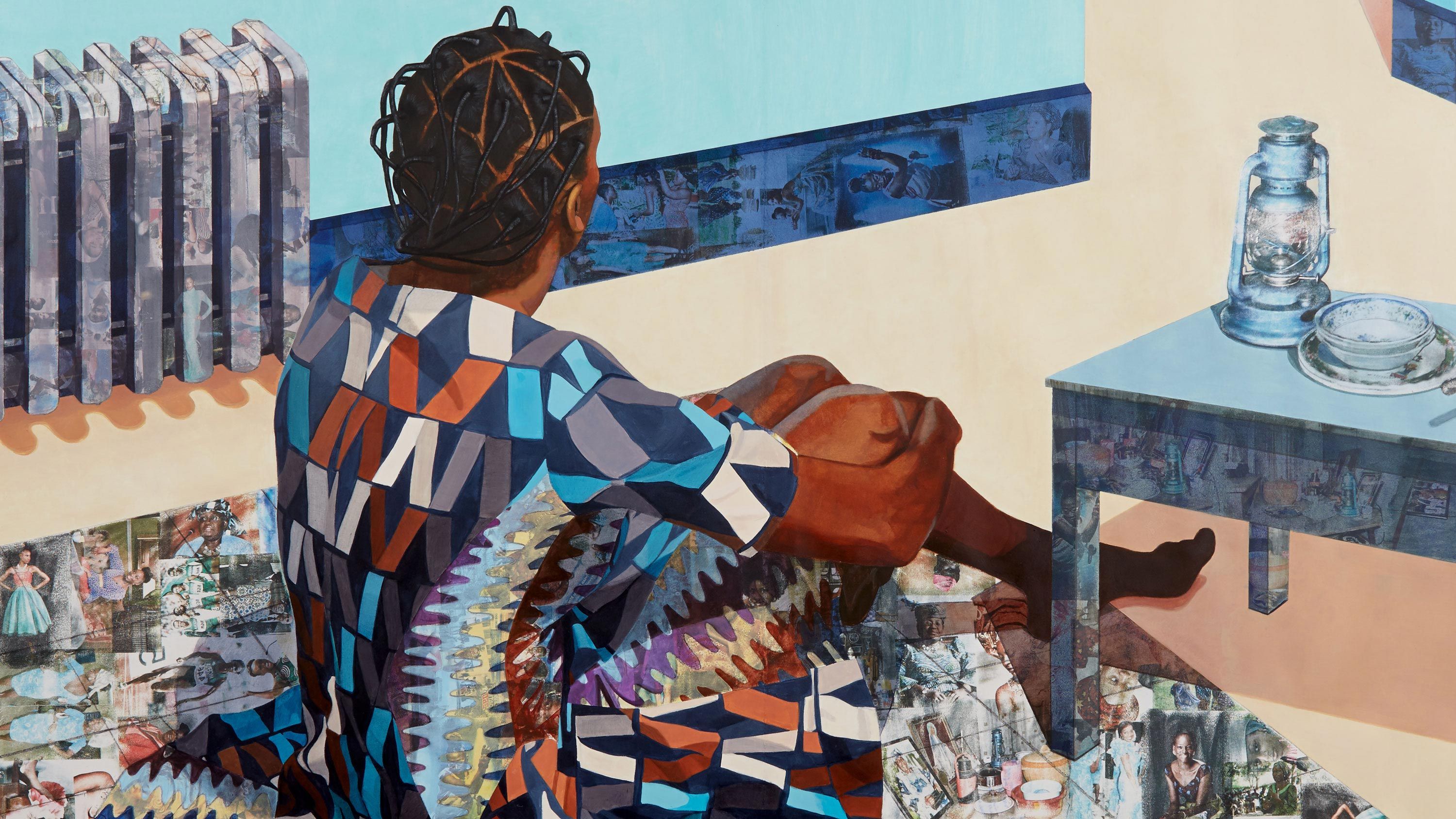 An artwork by Njideka Akunyili Crosby, titled “The Beautyful Ones Are Not Yet Born” Might Not Hold True For Much Longer, dated 2013