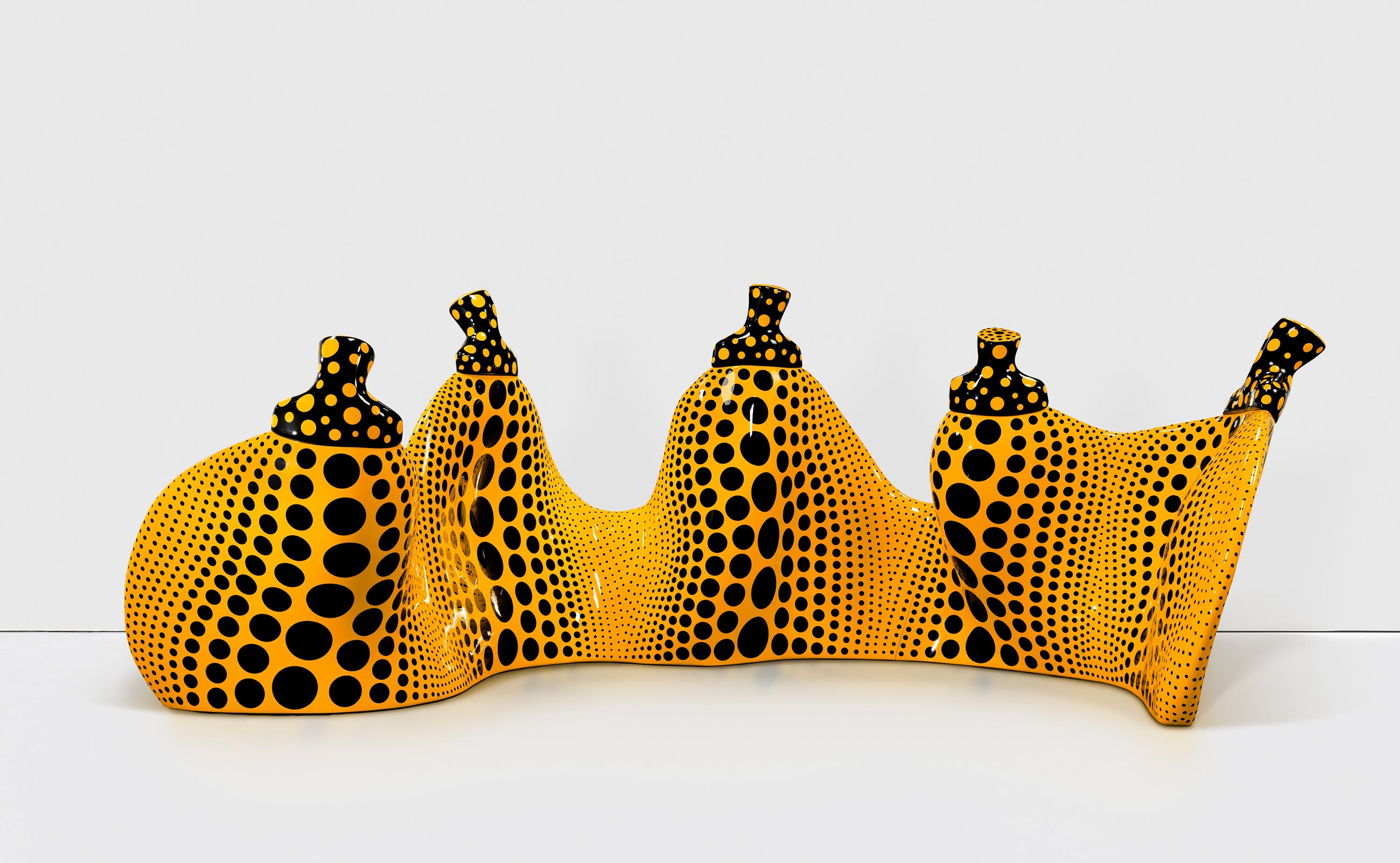 A bronze and urethane paint sculpture by Yayoi Kusama, titled Aspiring to Pumpkin’s Love, the Love in My Heart, dated 2023.