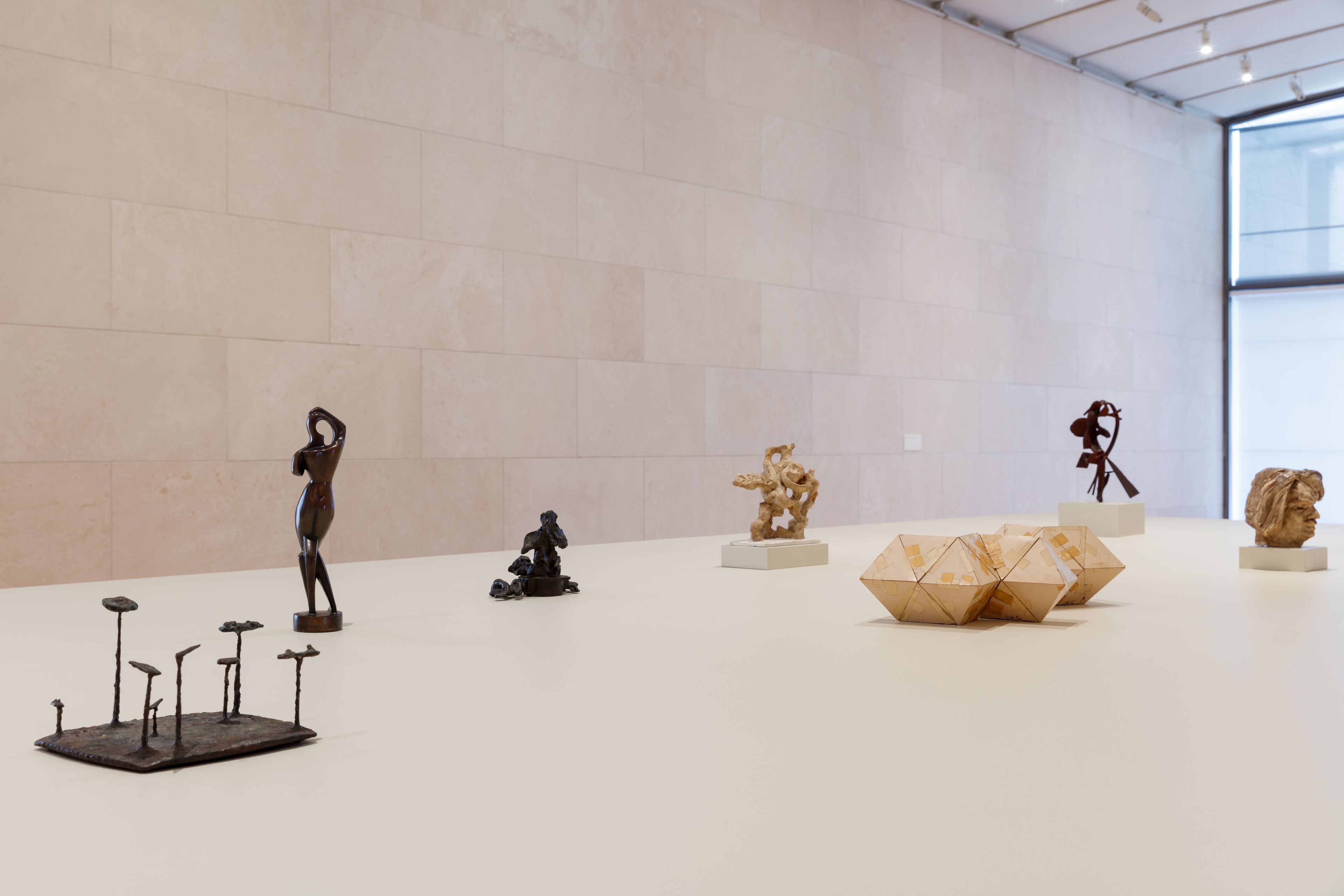 Installation view of the exhibition, Carol Bove: Collage Sculptures, at the Nasher Sculpture Center in Dallas, Texas, dated 2021.