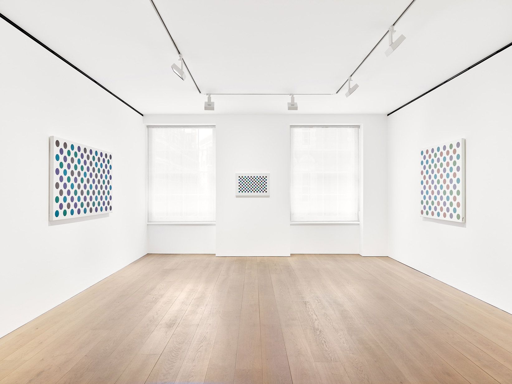 An installation view of the exhibition Bridget Riley: Past into Present at David Zwirner in London, dated 2021.
