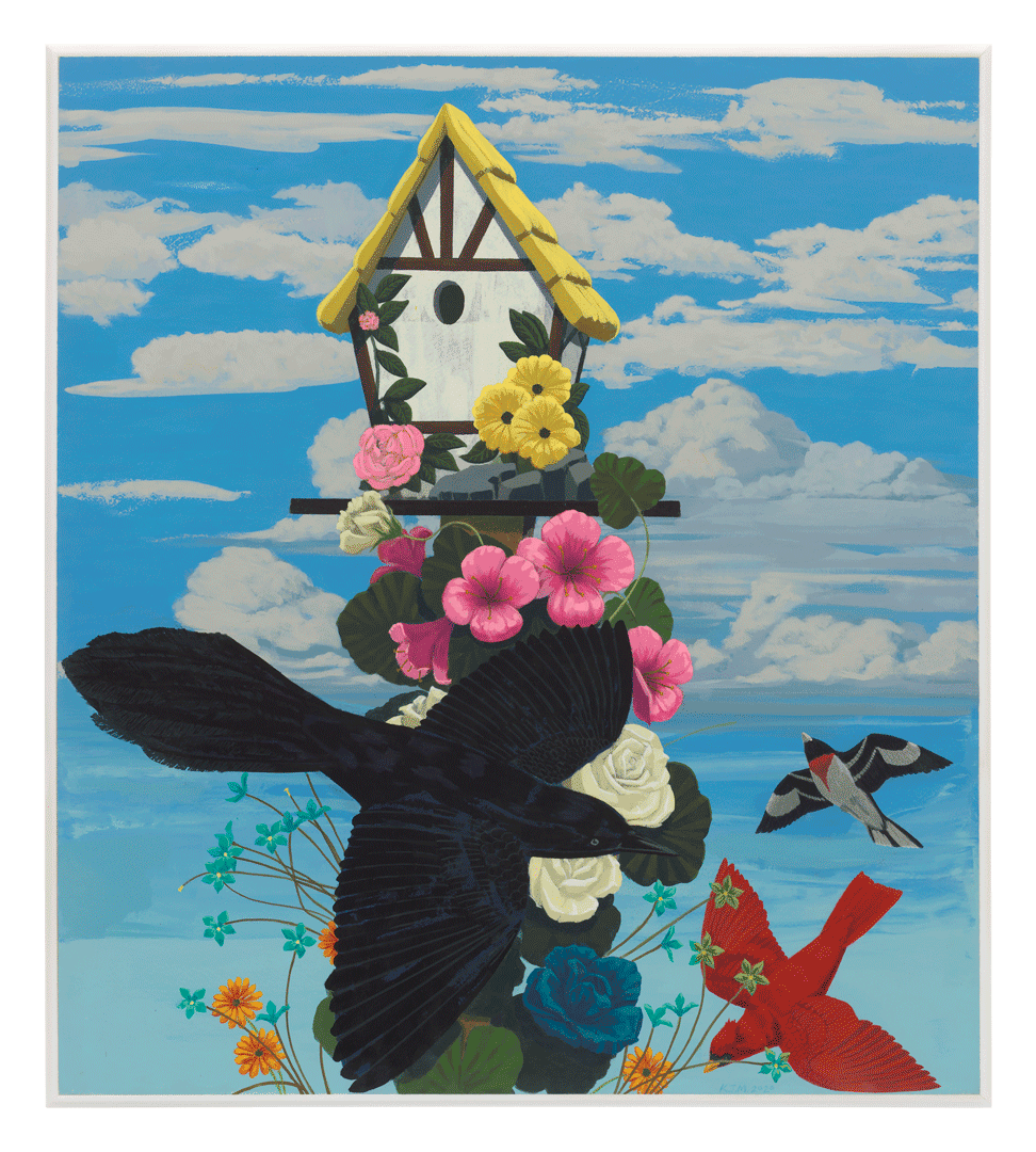 A painting by Kerry James Marshall, titled Black and part Black Birds in America: (Grackle, Cardinal & Rose-breasted Grosbeak), dated 2020.