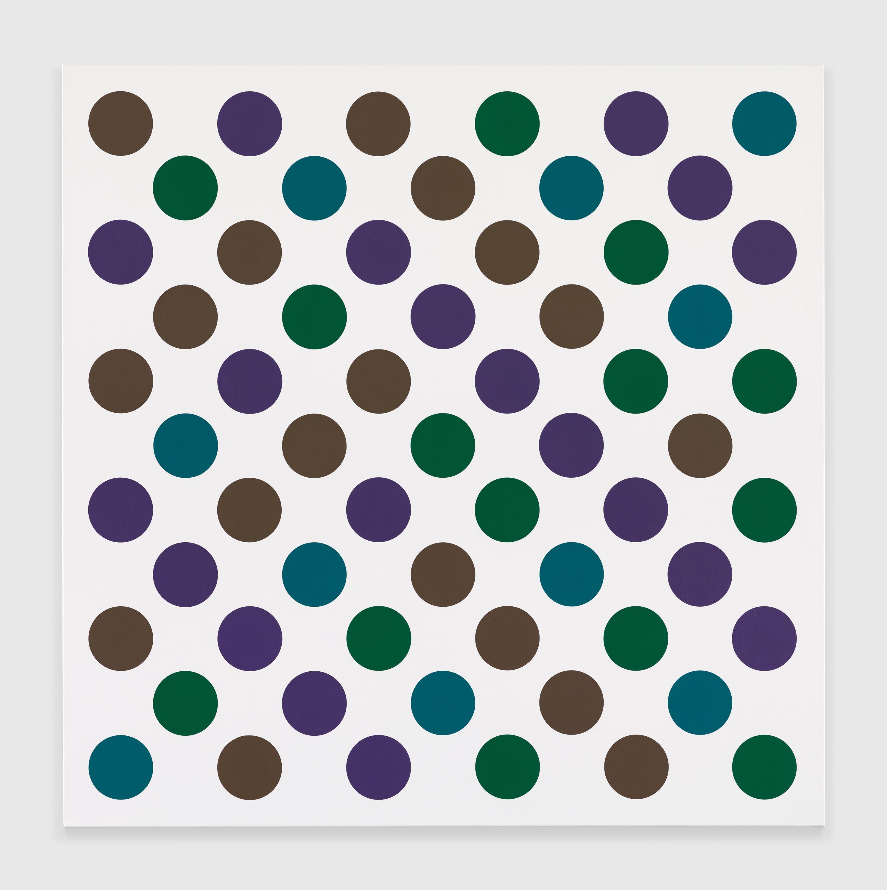 A painting by Bridget Riley, titled Measure for Measure Dark with Turquoise 6, dated 2021.