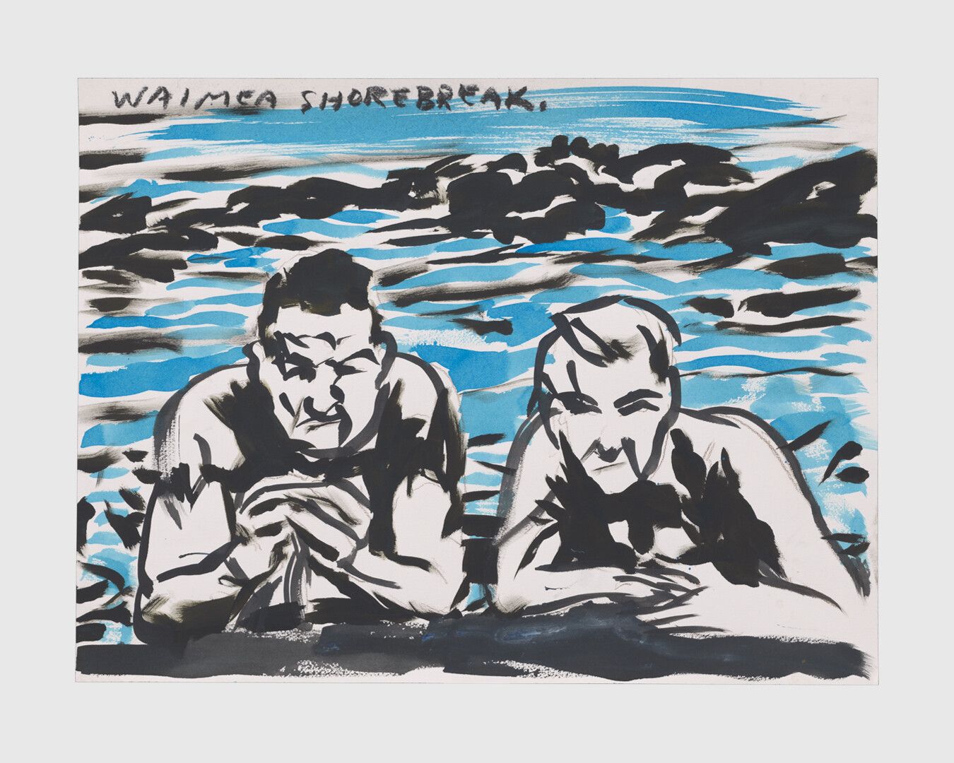 An ink and charcoal on paper by Raymond Pettibon, titled No Title (Waimea shorebreak.), dated 2019.