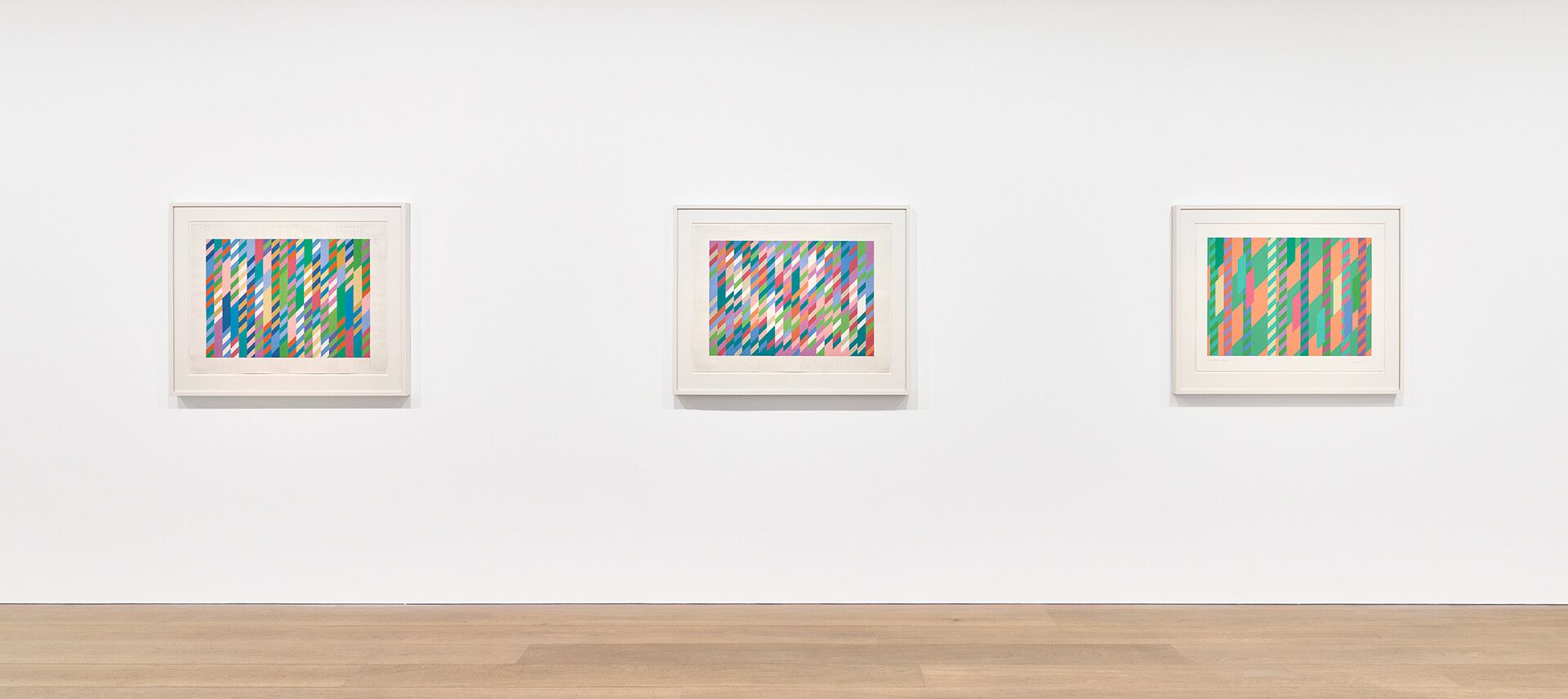 An installation view of the exhibition titled Bridget Riley, Studies: 1984–1997, at David Zwirner, London, in 2020.