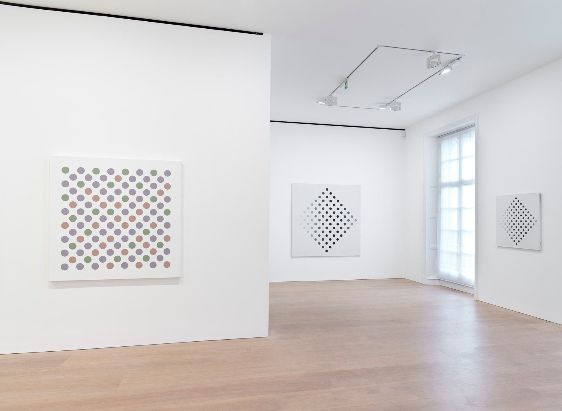 Installation view of the exhibition Bridget Riley: Recent Paintings, at David Zwirner in New York, dated 2018.