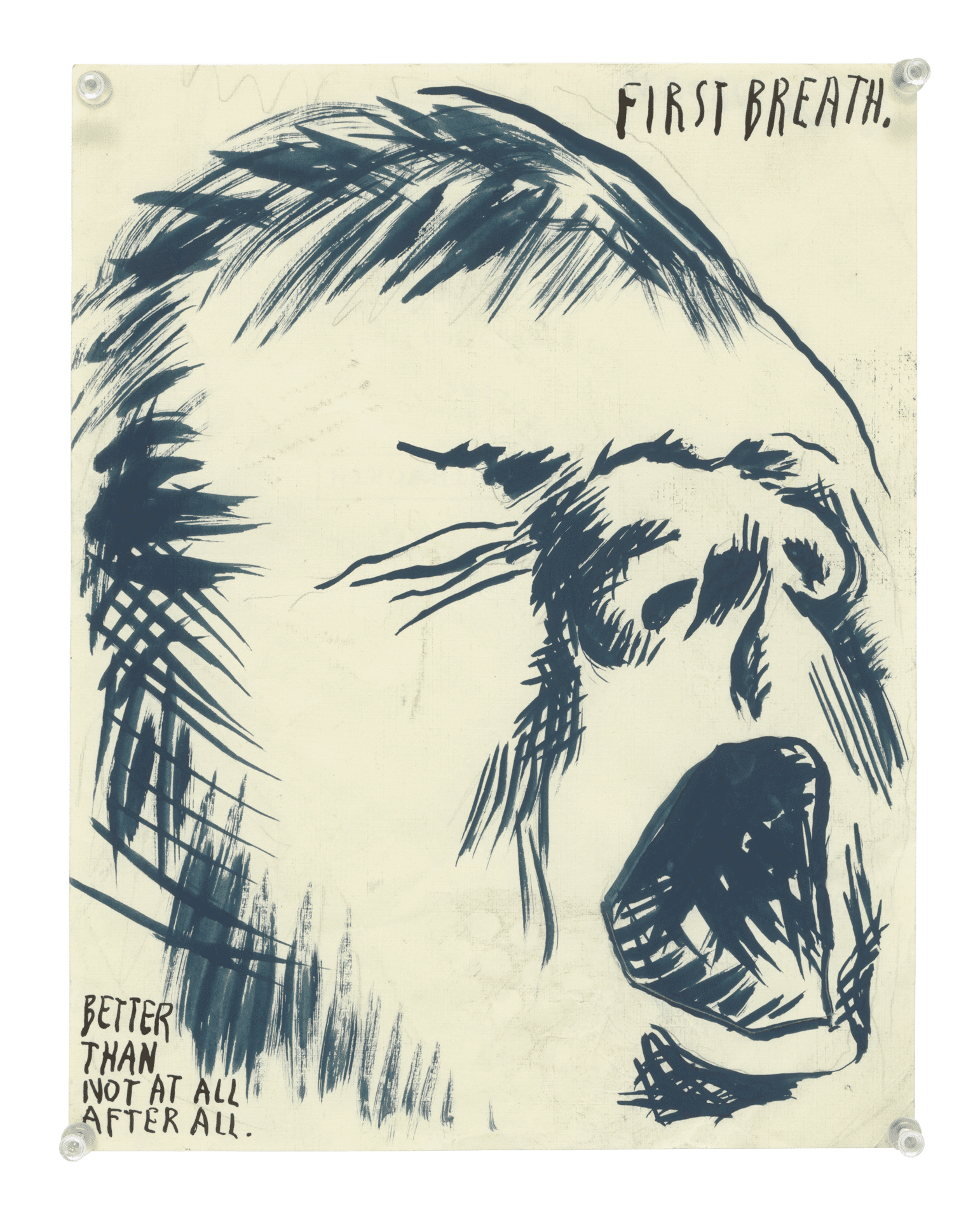A work on paper by Raymond Pettibon titled No Title (First breath. Better...) dated 2019