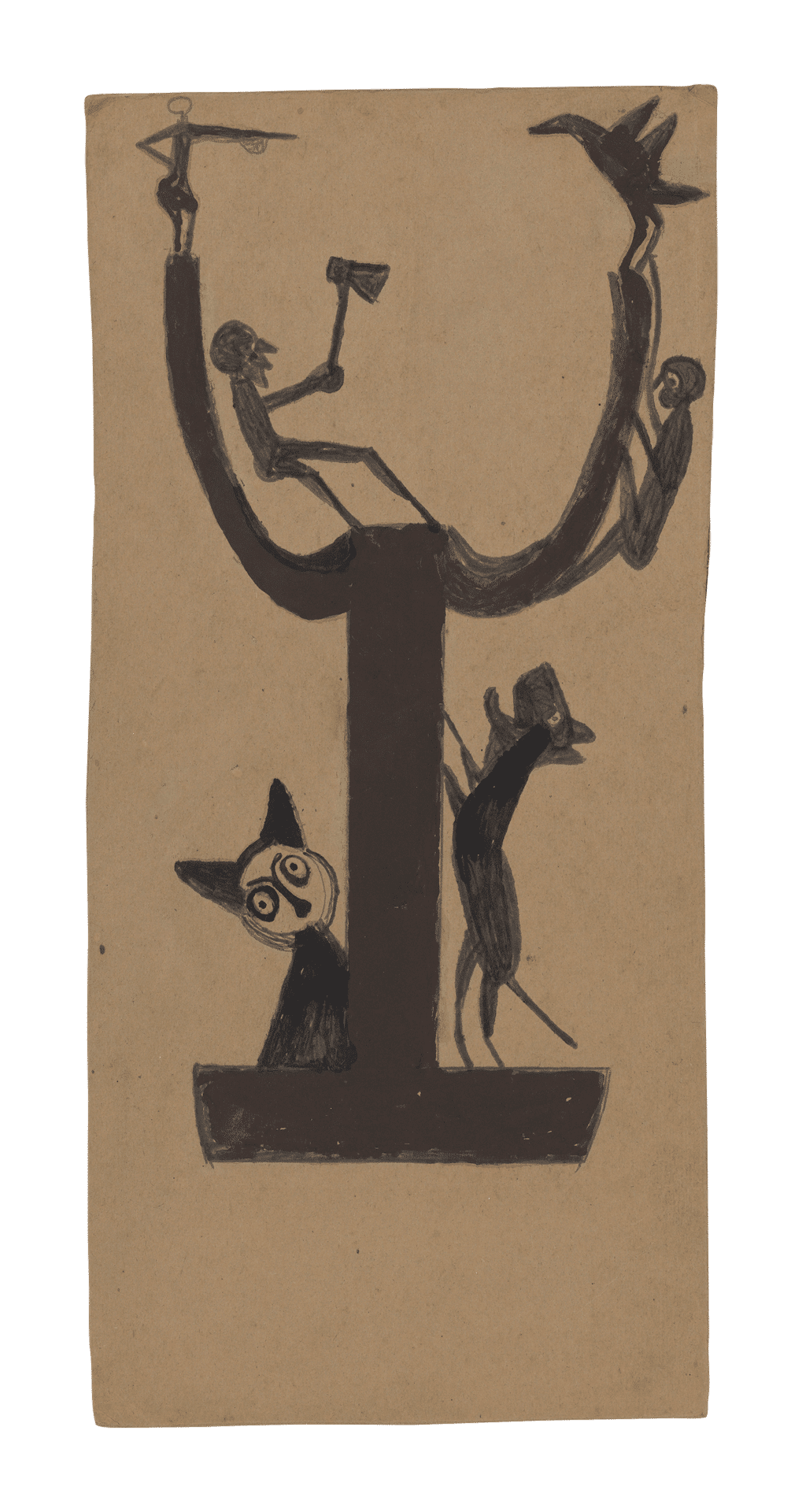 A mixed media work on cardboard by Bill Traylor, titled Figures on Construction, Dog Treeing, 1939 to 1942. 