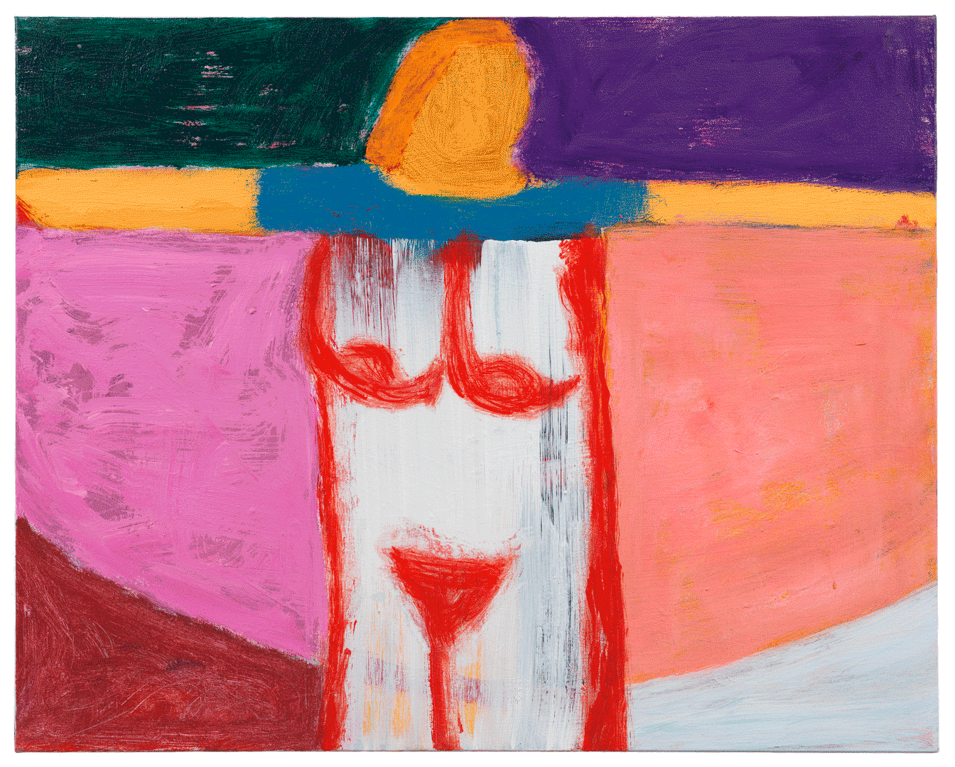 A painting by Katherine Bradford, titled Cape Woman, dated 2019.
