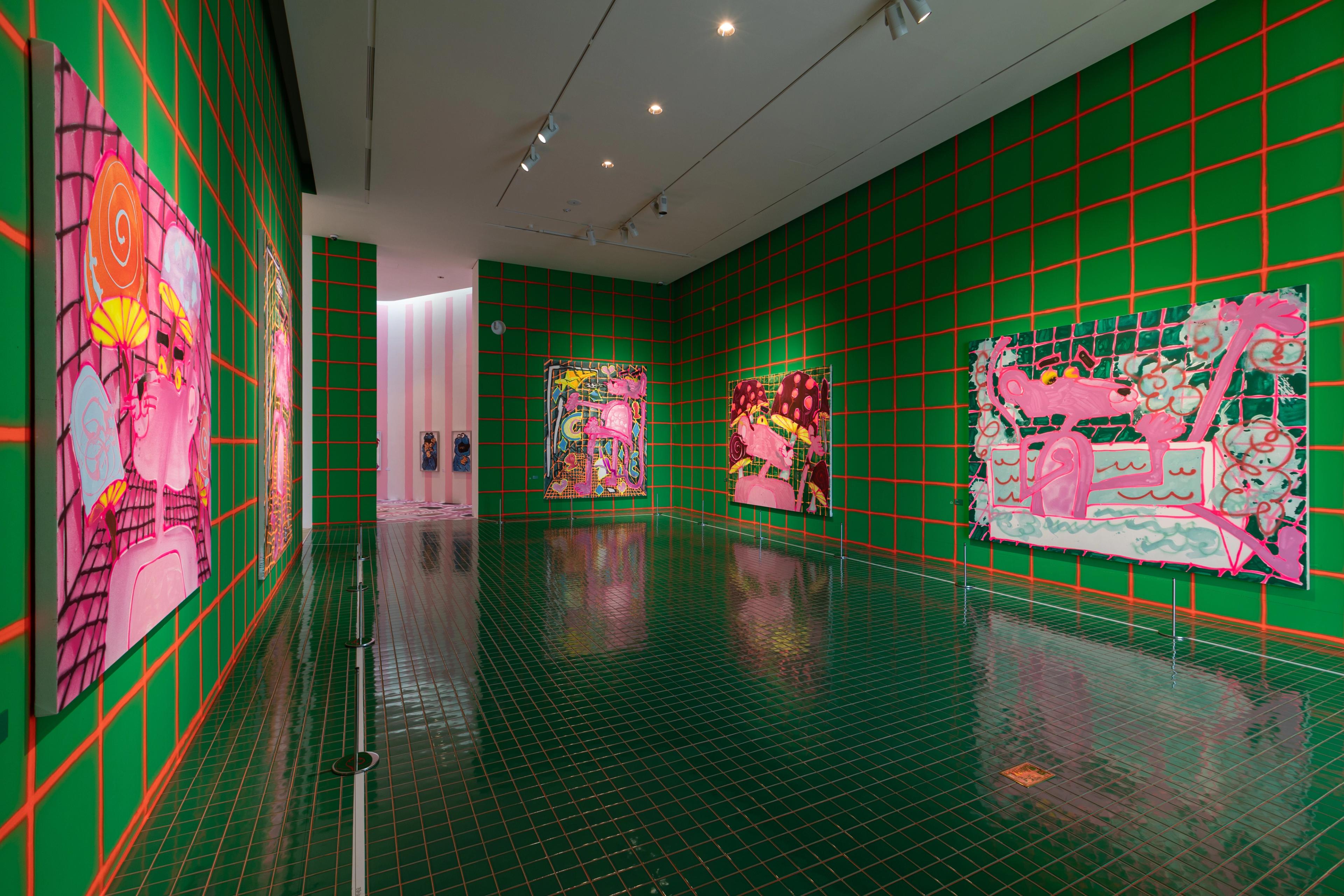 Installation view of the exhibition Inside the Studio: Katherine Bernhardt's Universe, at Gangneung Art Museum located in Sorol, Korea, dated 2025-2026.