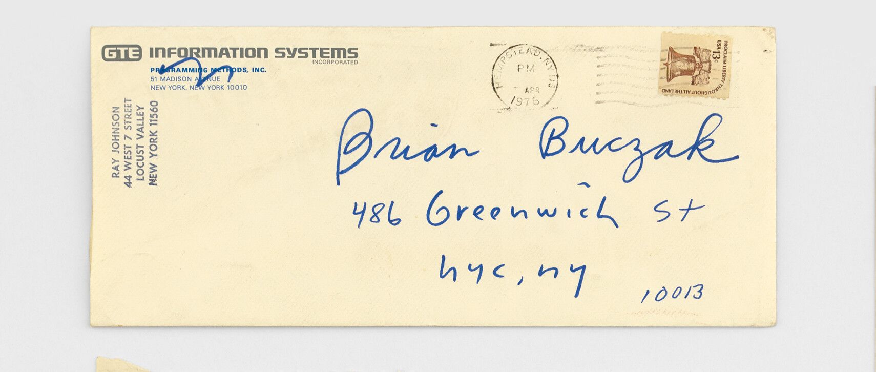 From artist Brian Buczak, one of a selection of four (4) letters mailed from Ray Johnson; Letter #1; Letter #6; Letter #8; Letter #10. Excerpted from the "especially amusing letters” series, dated 1976-1977.
