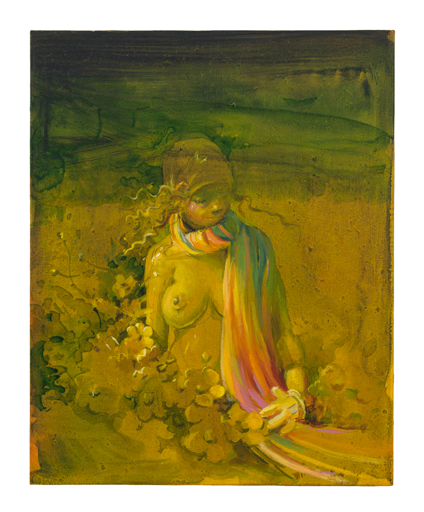 A painting by Lisa Yuskavage, titled Little Striped Scarf, dated 2013.
