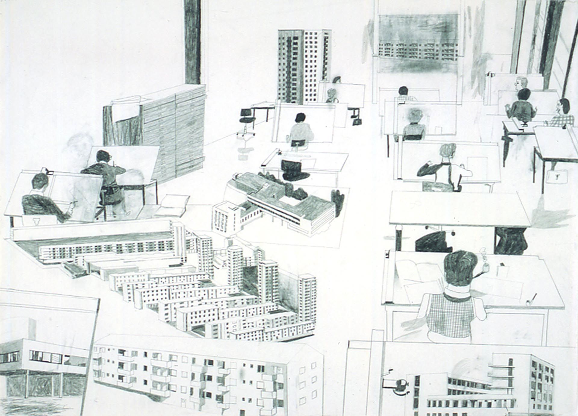 A drawing by Jockum Nordstrom, titled The Drawing-Office, dated 2001.