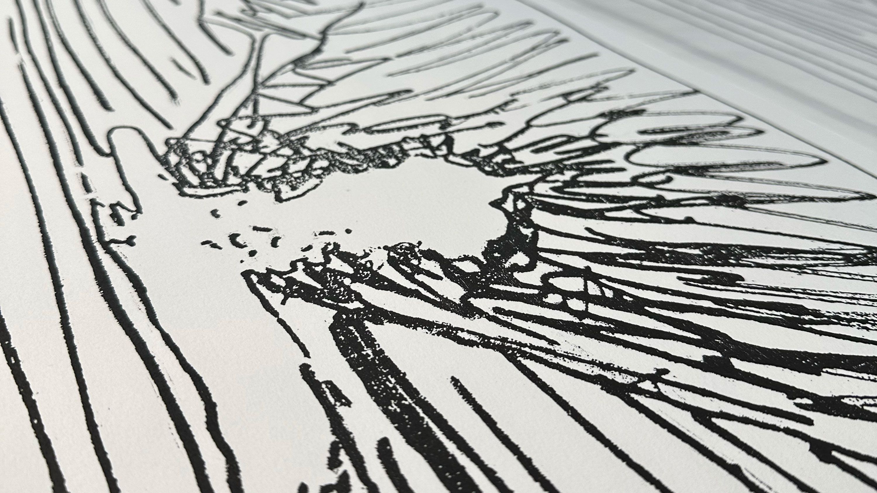 Lowman’s gestural marks are printed by woodblock to demarcate the sky and terrain. In the final work, this scrawled image is printed atop richly inked fields of color.
