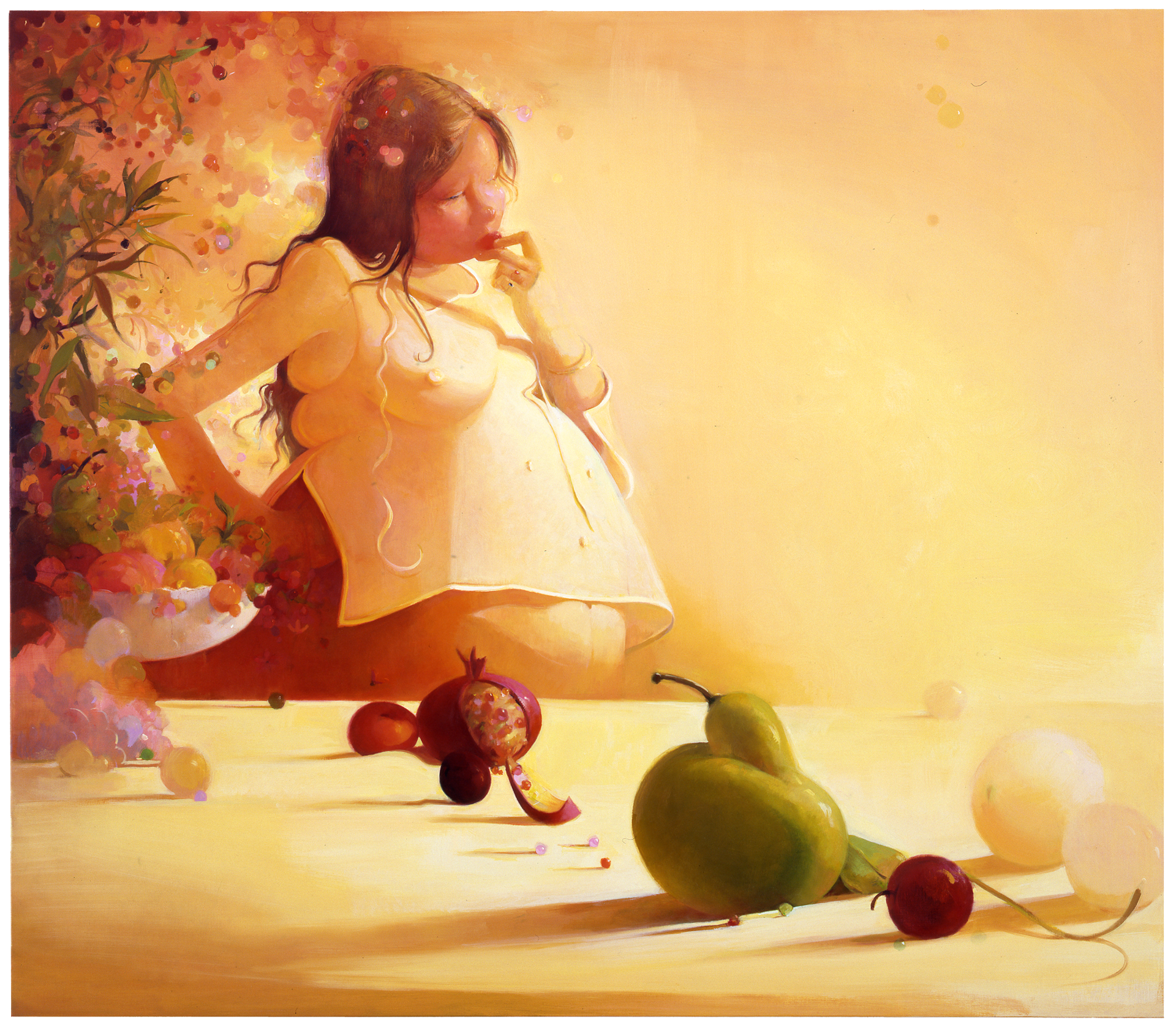 A painting by Lisa Yuskavage, titled Biting the Red Thing, dated 2004-2005.