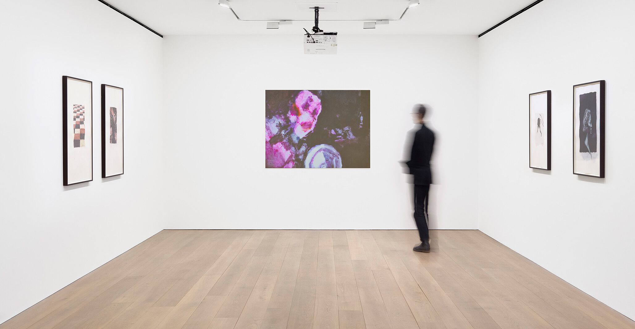 An installation view featuring works by Luc Tuymans at David Zwirner London, dated 2021.