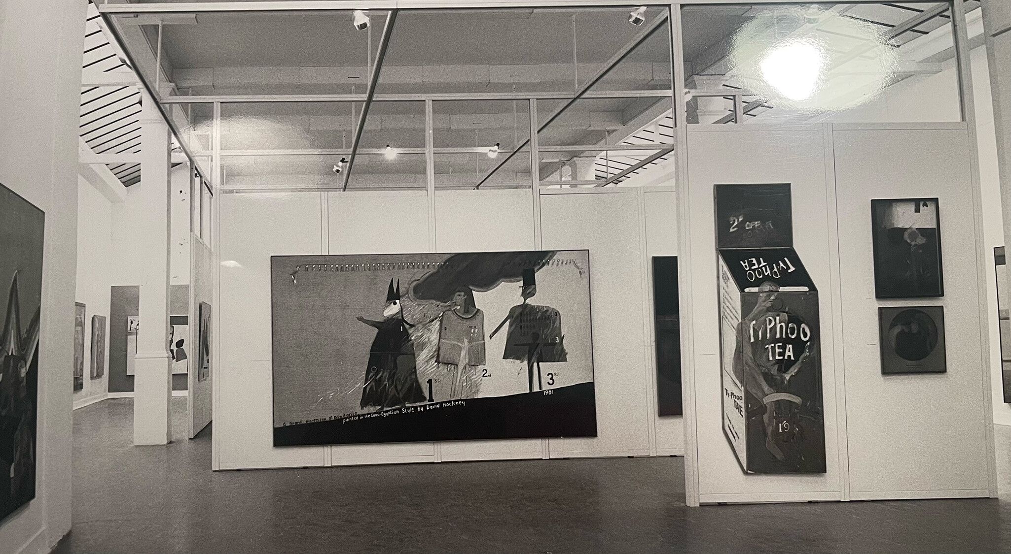 Installation view of David Hockney: Paintings, Prints and Drawings, 1960–1970, at the Whitechapel Gallery in London, dated 1970