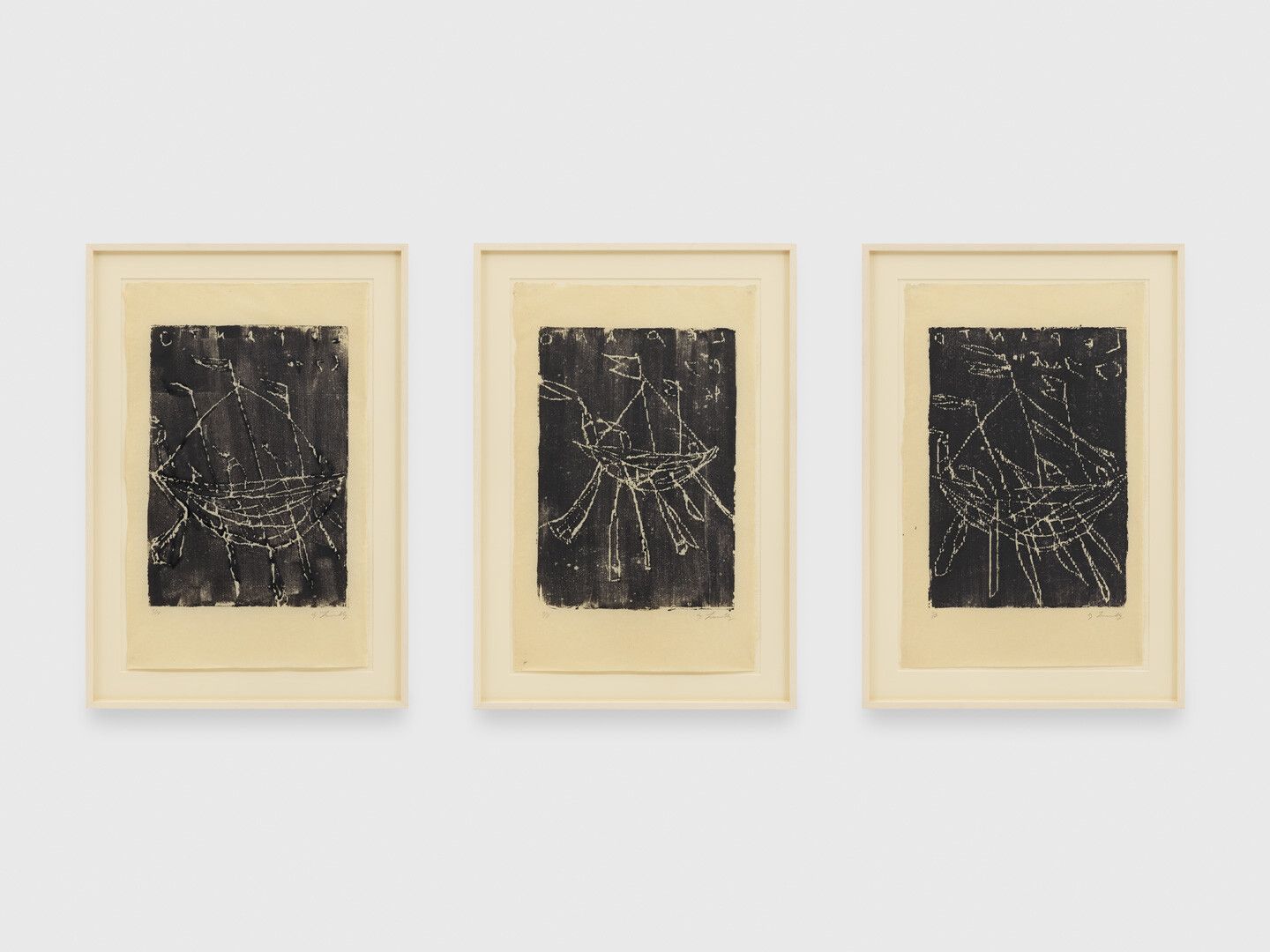 A set of three monotypes on light eggshell colored Japon paper by Cy Twombly, titled, Lepanto I, II, III, dated 1996.