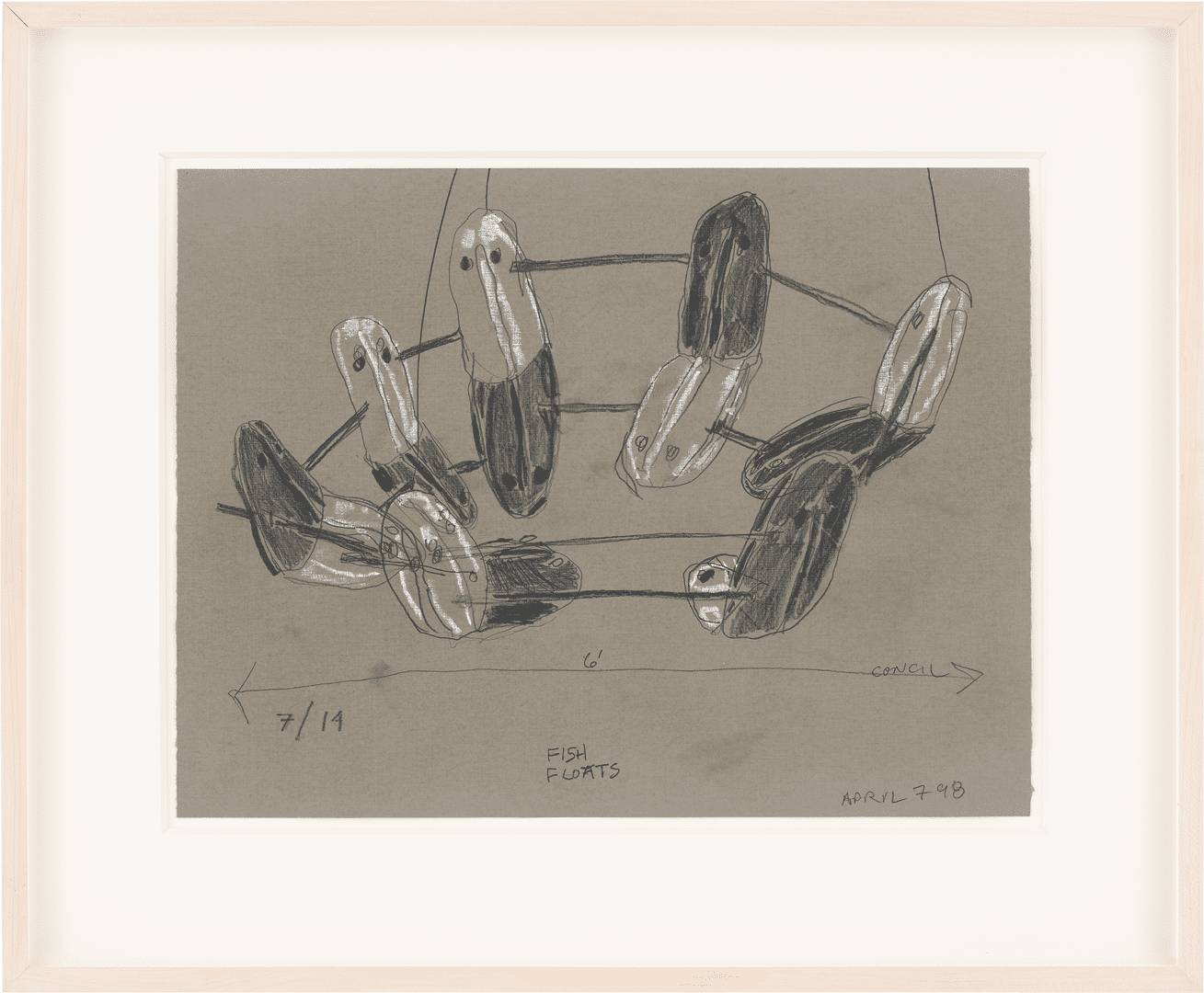 A pencil, graphite, and China marker grease pencil drawing on paper by Al Taylor, titled Fish Floats (Council), dated 1998.