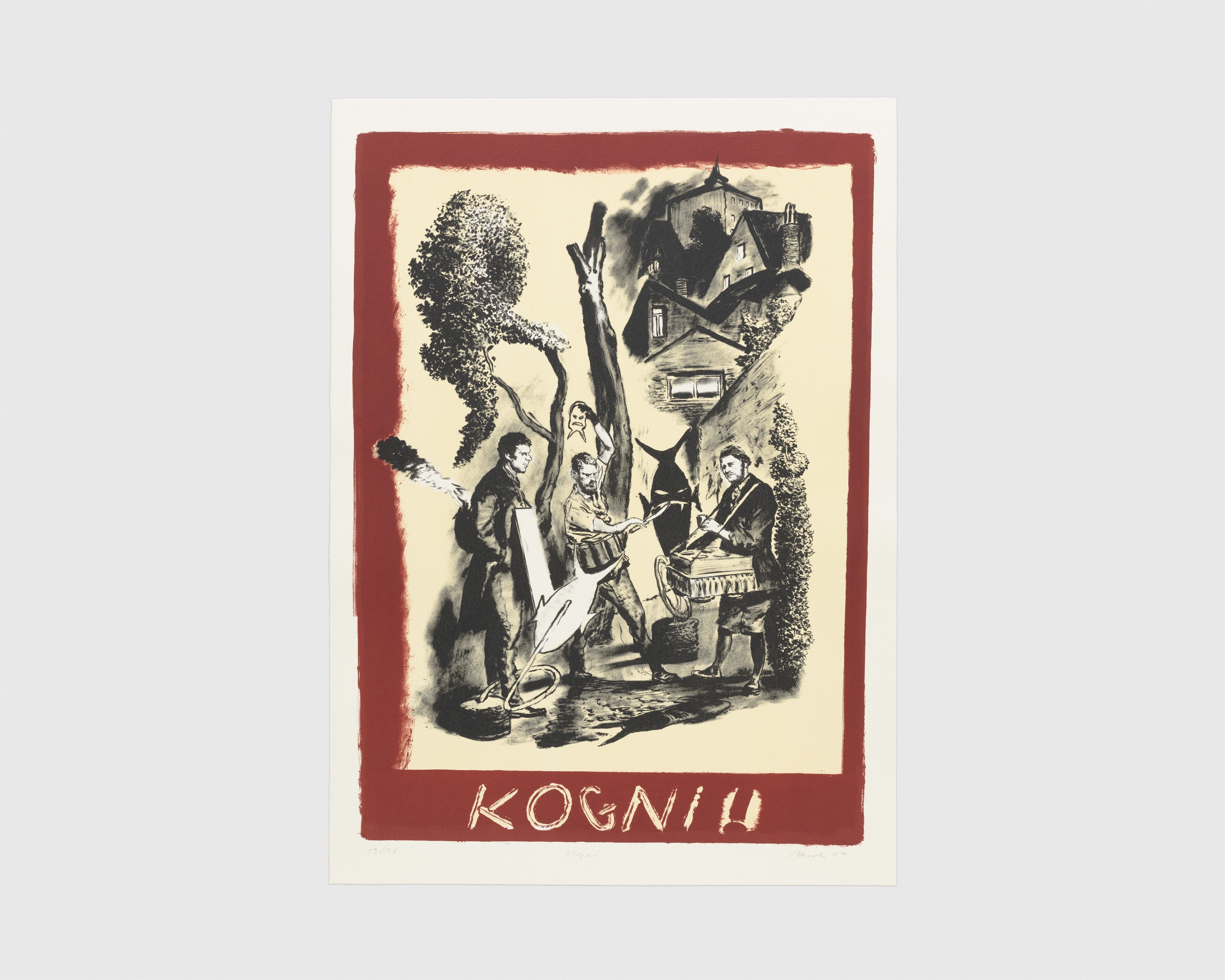 A three-color lithograph on Hahnemühle Alt Worms paper by Neo Rauch, titled Kogni, dated 2017.