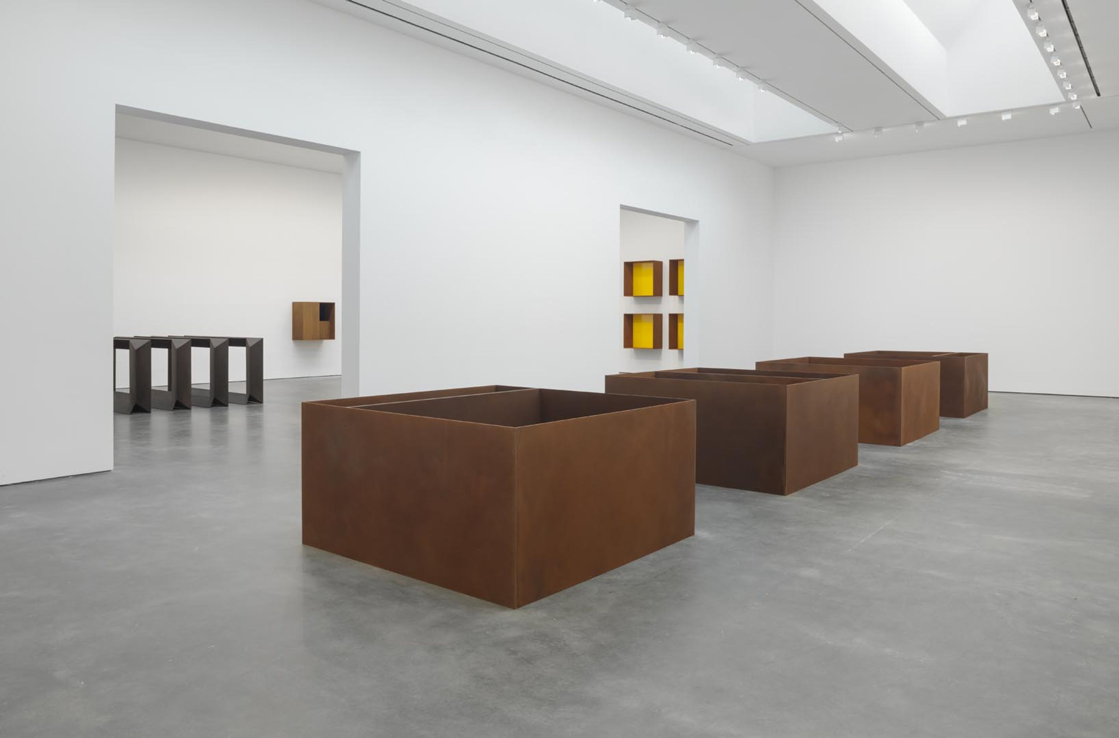 Installation view of the exhibition Donald Judd at David Zwirner in New York, dated 2015.