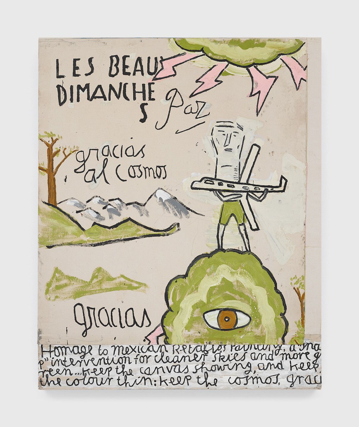 An oil painting on canvas by Rose Wylie, titled Green Man, homage to Retablos painting, dated 2020.