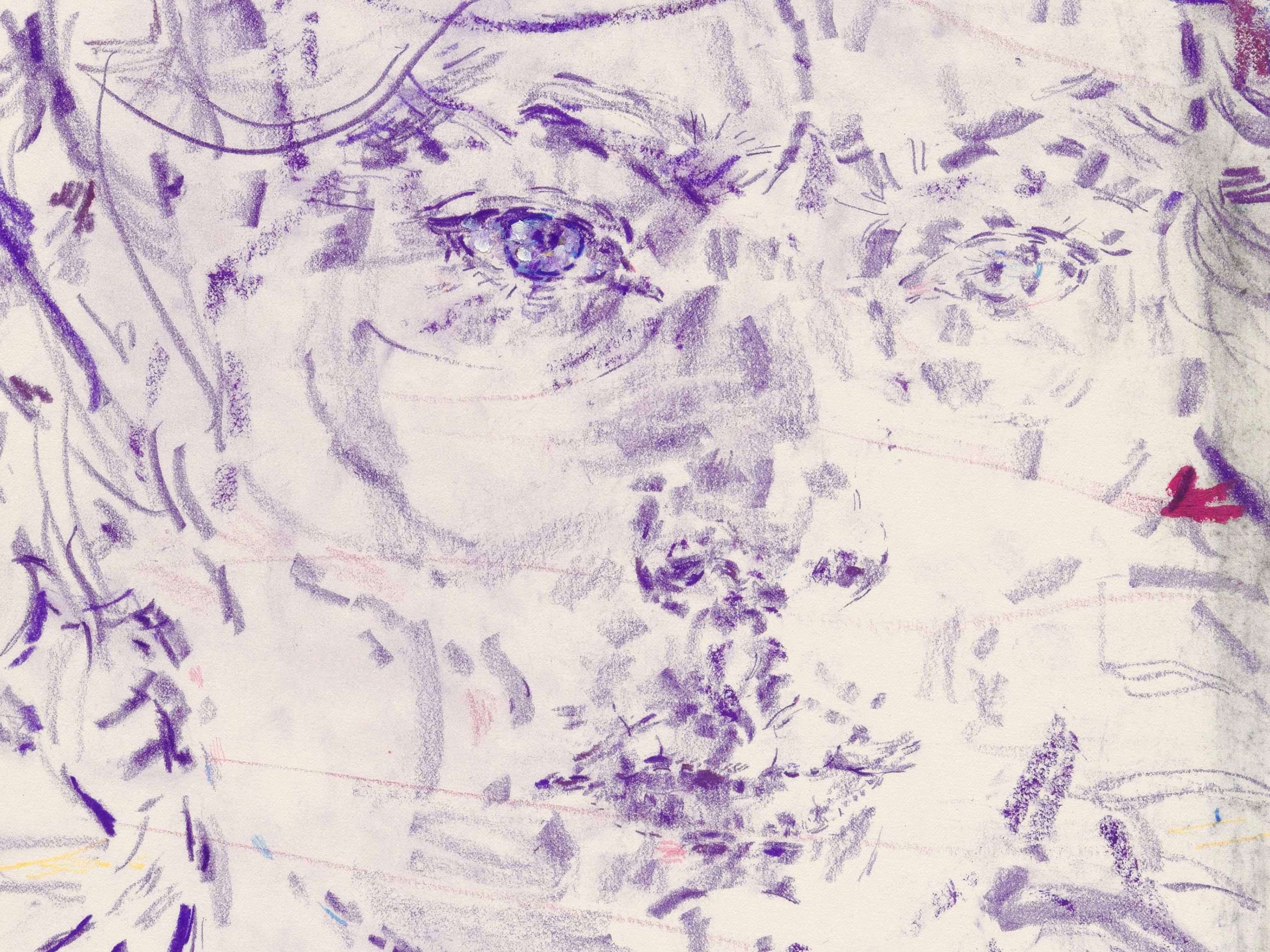 A detail from a work on paper by Elizabeth Peyton, titled hakuro (Klara), dated 2023.