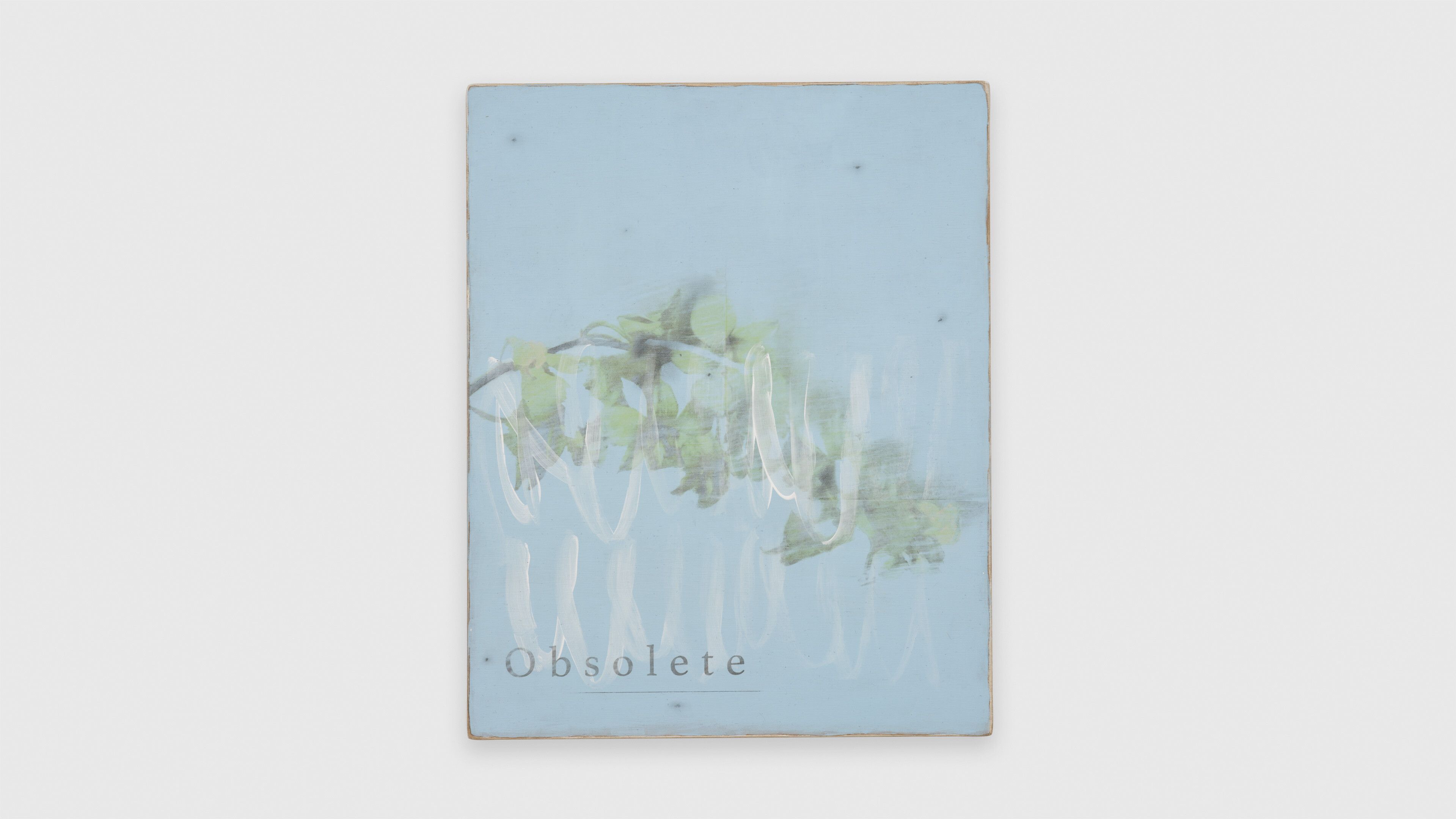 An acrylic, emulsion paint, graphite and inkjet ink work on wood panel by Lee Kit, titled Obsolete, dated 2020.