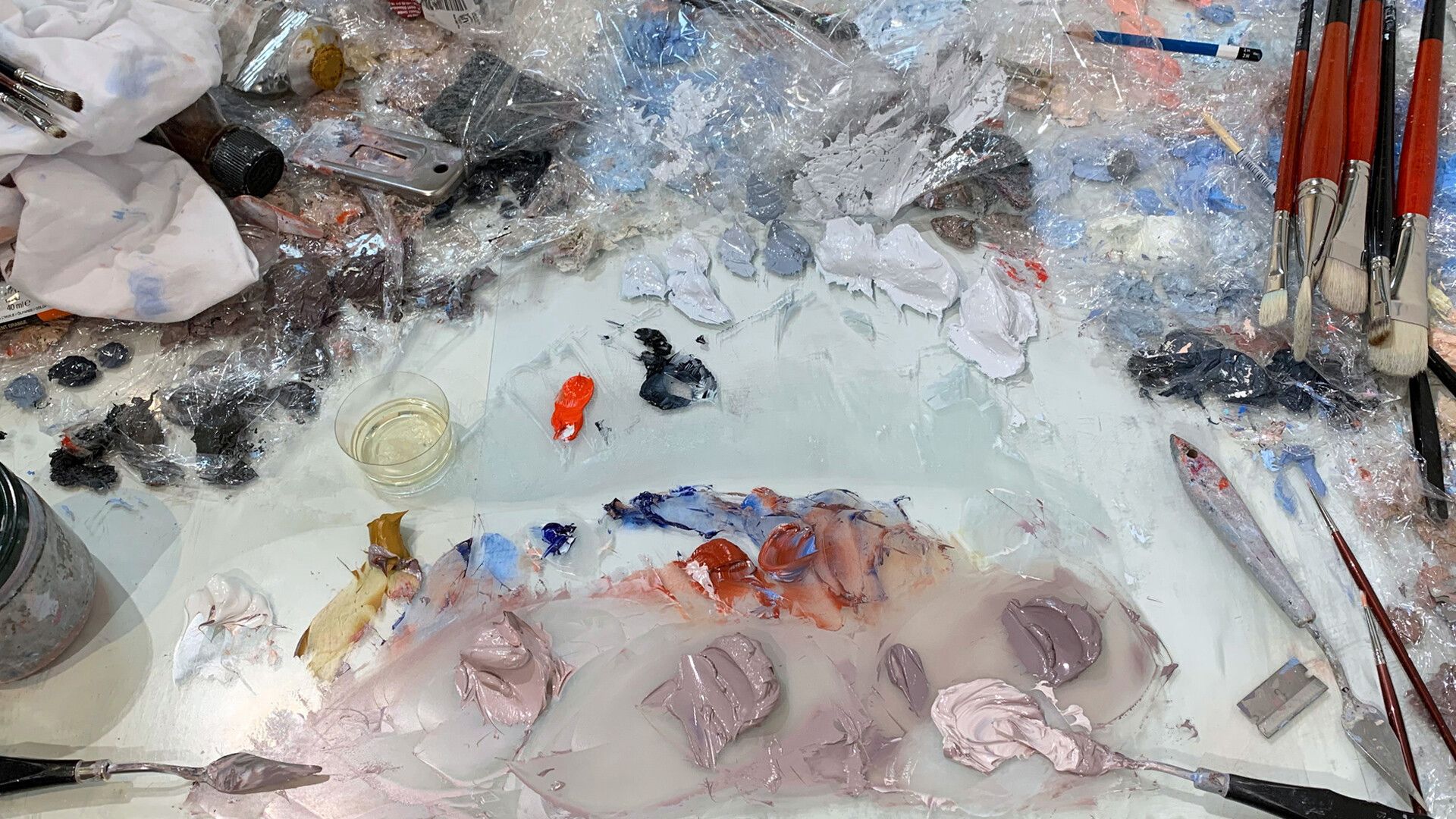 A paint palette in Ridley Howard’s studio
