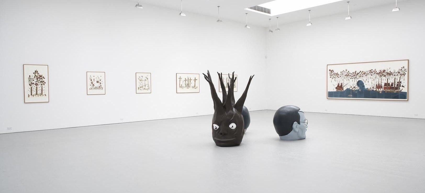 An installation view of the exhibition Marcel Dzama: The Course of Human History Personified, at David Zwirner New York, dated 2005.