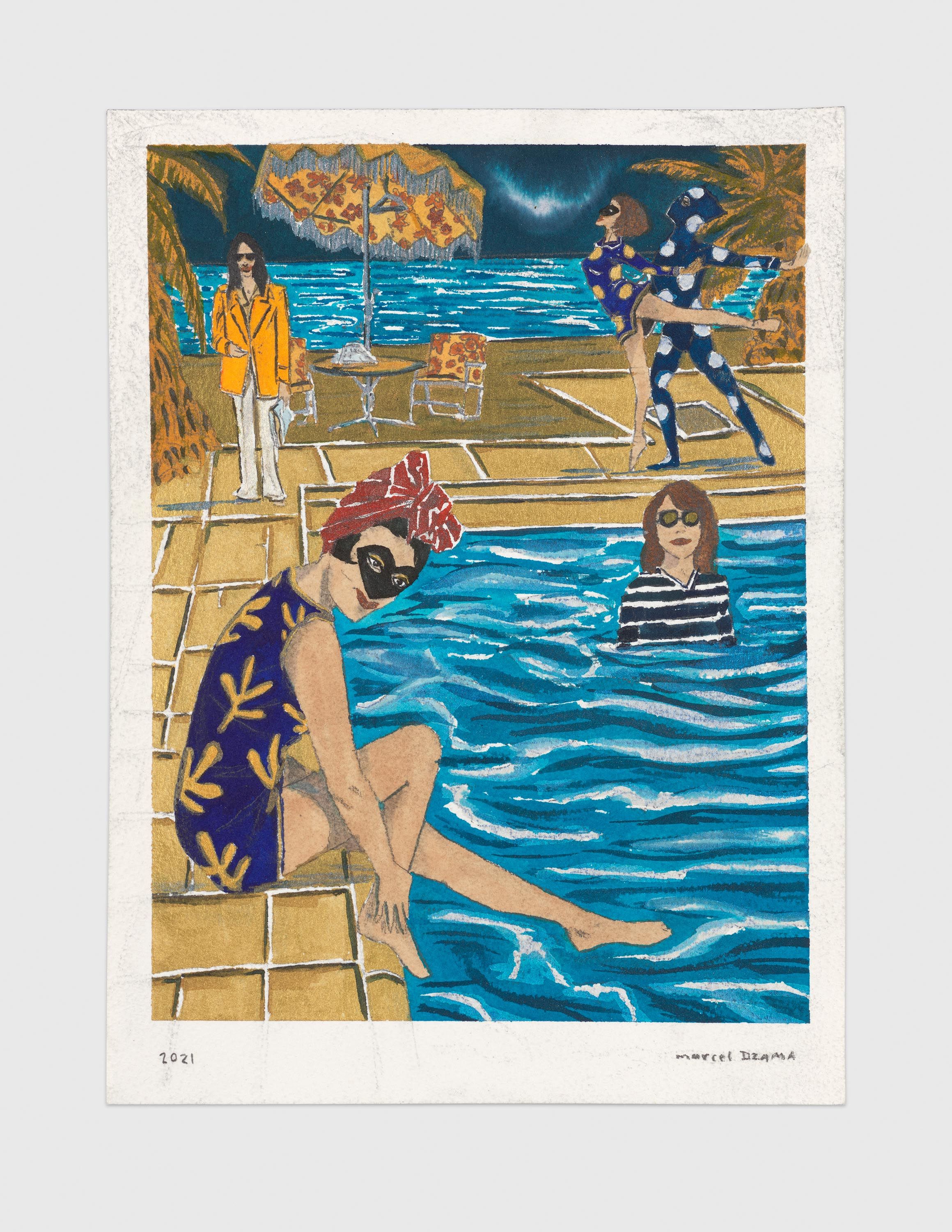 A mixed media artwork by Marcel Dzama, titled Revolution blues on the beach, dated 2021.