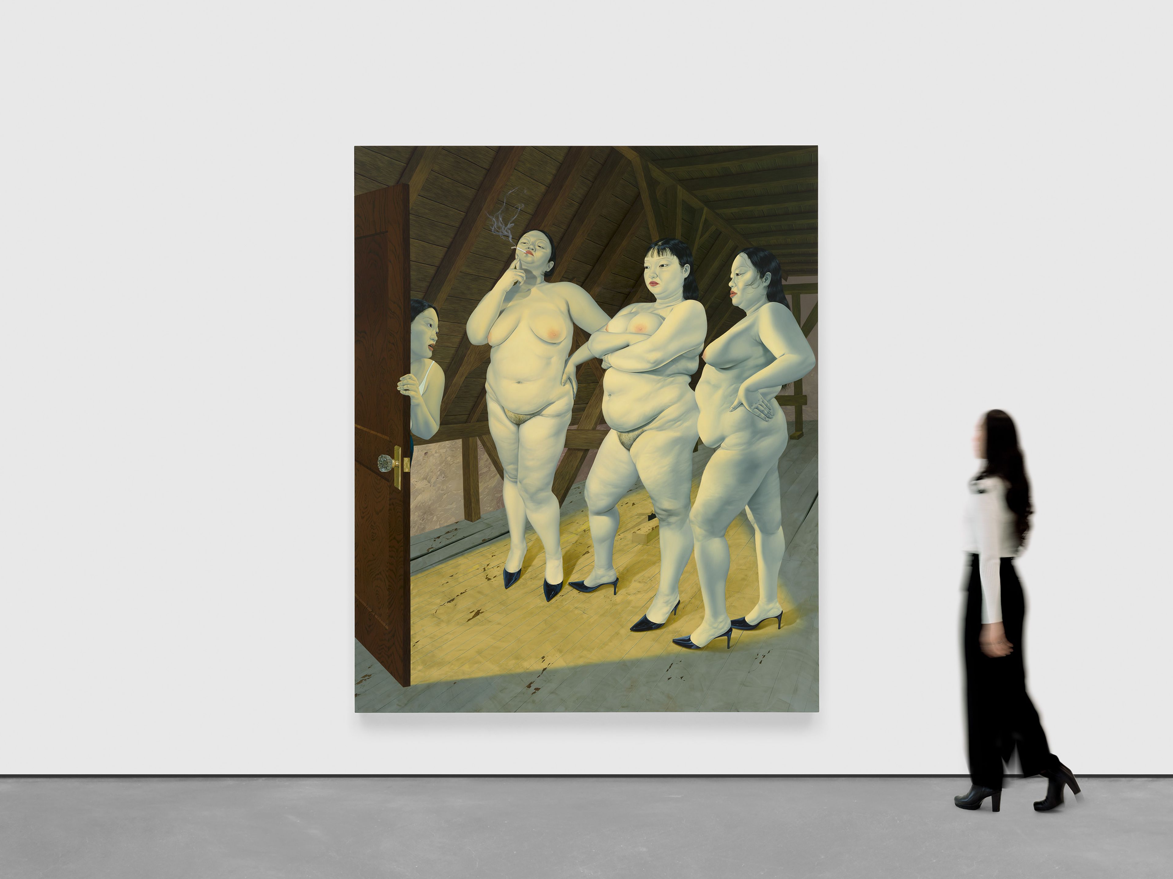 A painting by Sasha Gordon, titled Whores in the Attic, dated 2024.