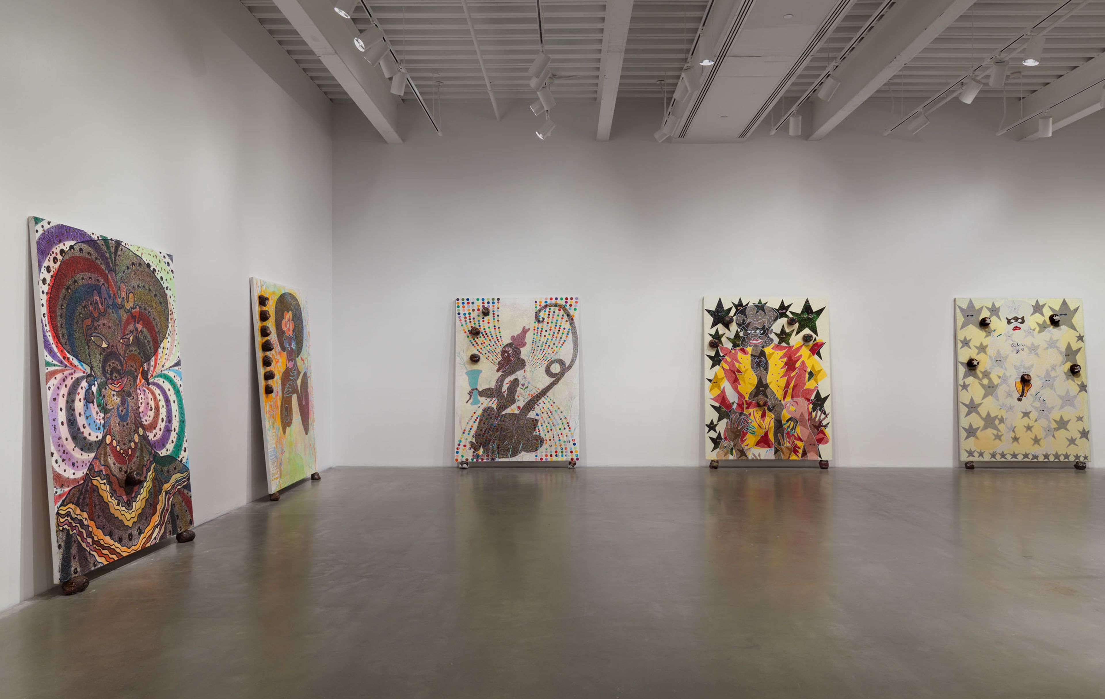 Installation view of the exhibition, Chris Ofili: Night and Day, at the New Museum in New York, dated 2014.