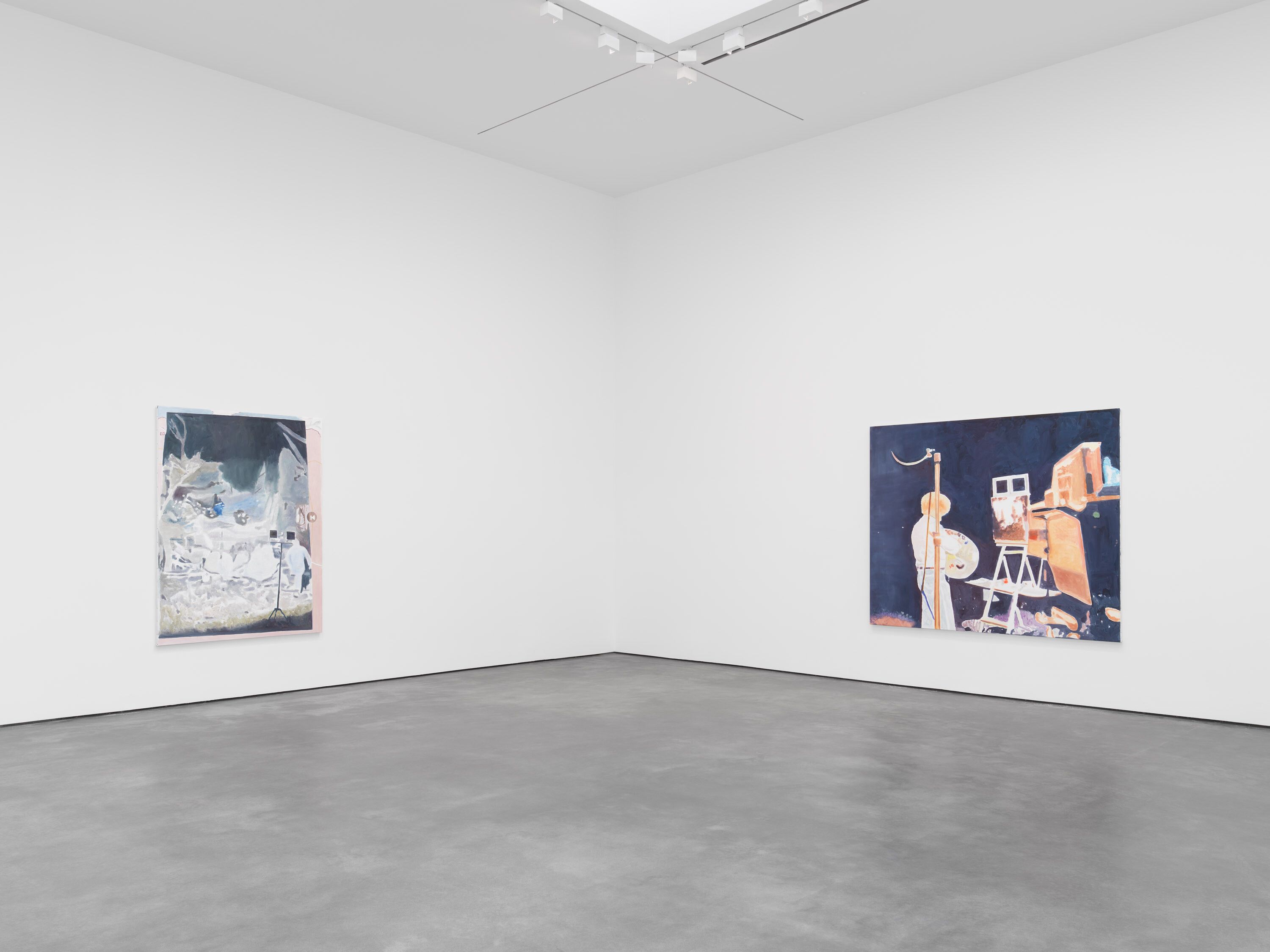 An installation view of the exhibition, Luc Tuymans: The Barn, at David Zwirner in New York, dated 2023.